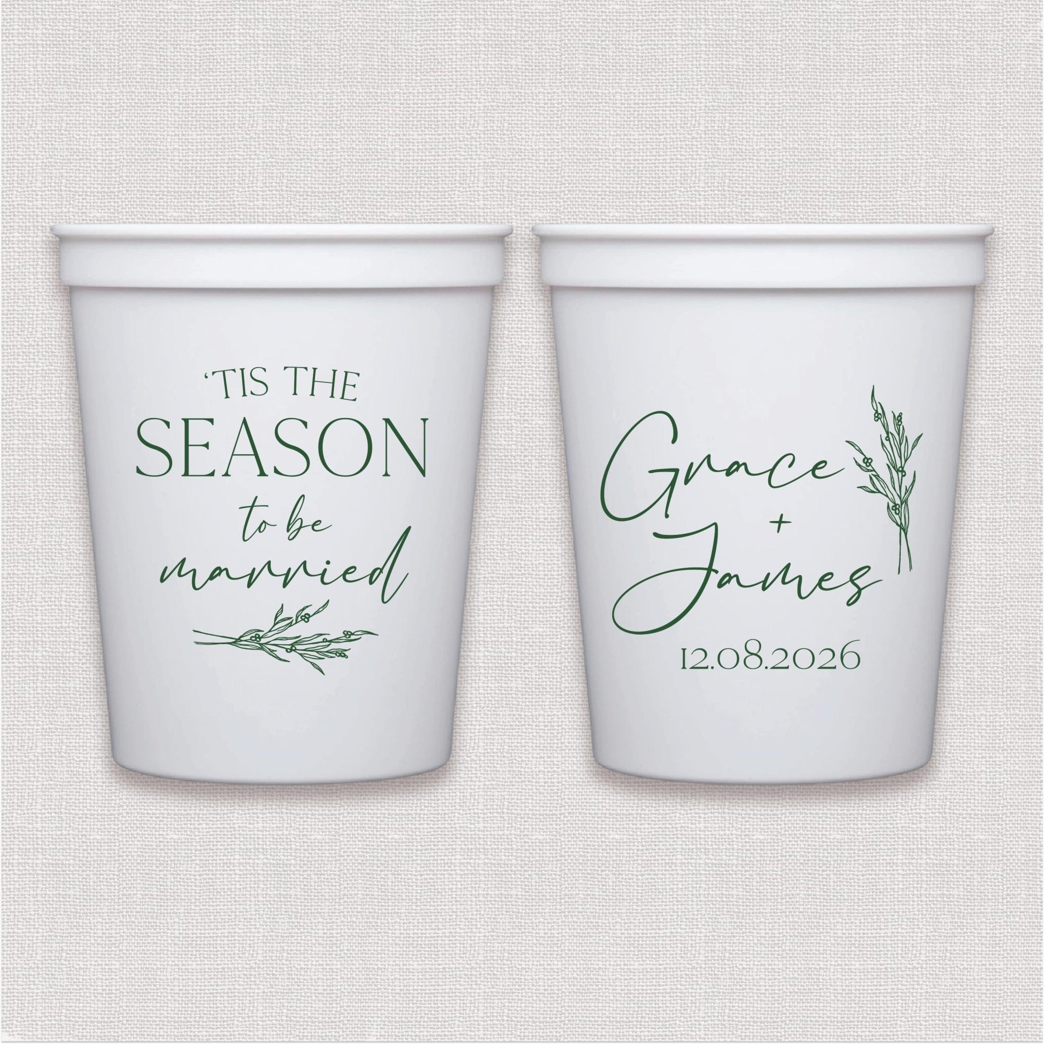 White stadium cups with sage green script wedding text and leaf wreath design
