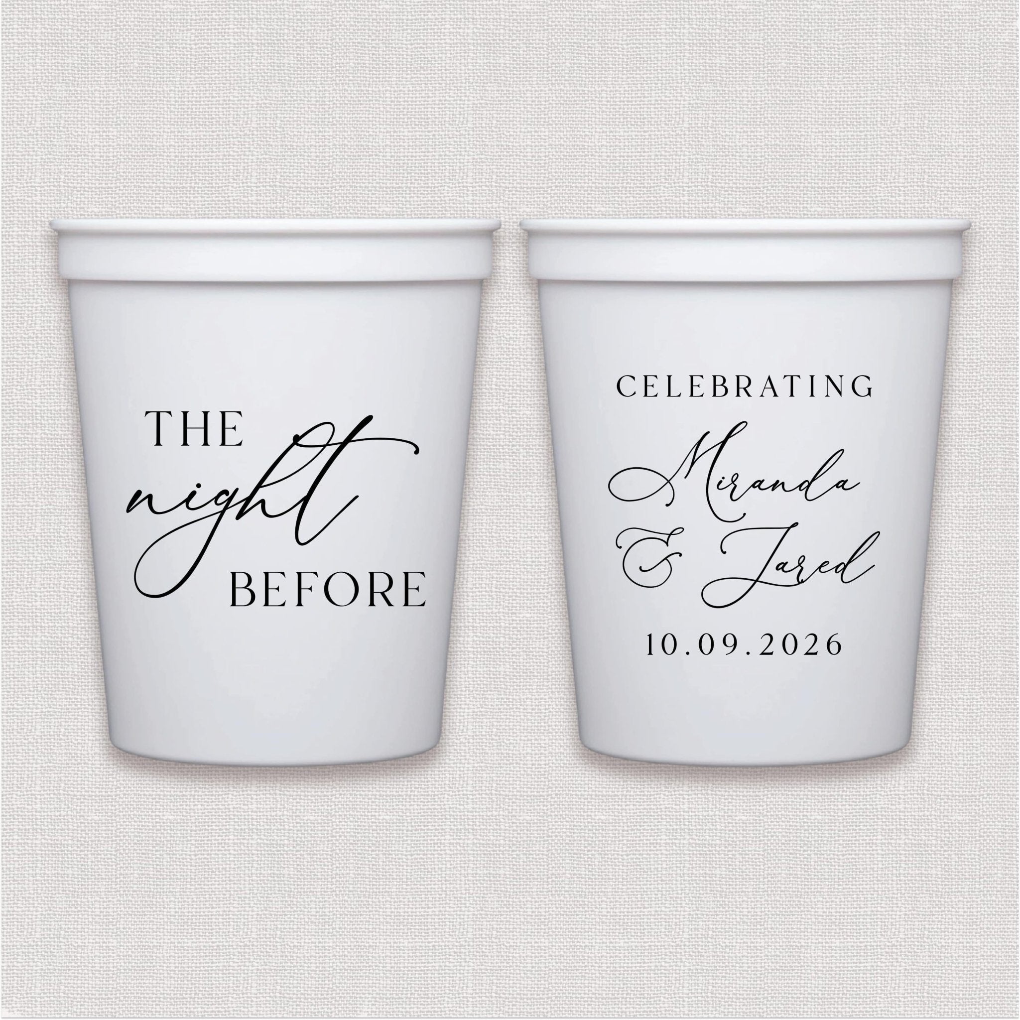 White stadium cups with script wedding text design in black ink