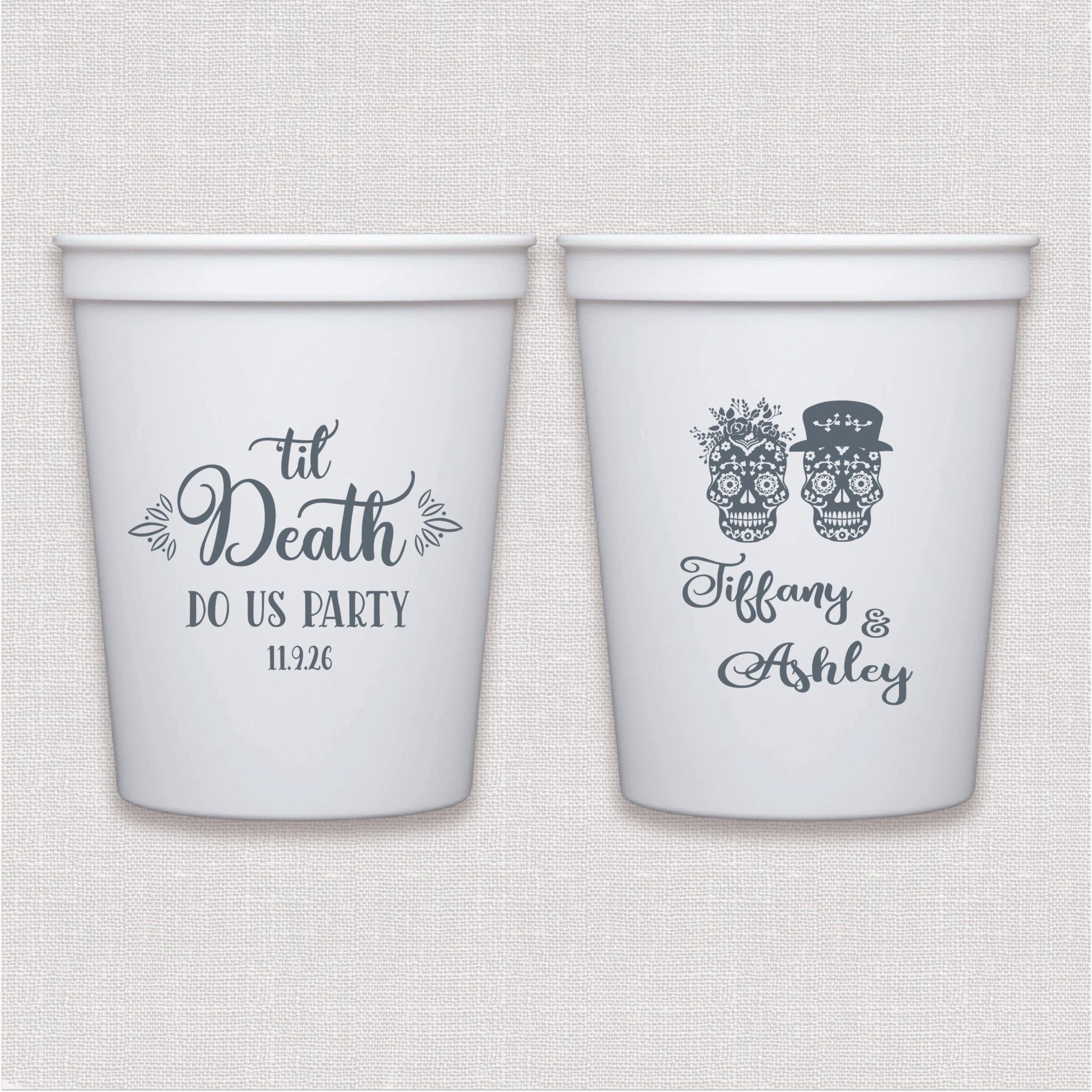 White stadium cups with navy skull and crossbones wedding design and personalized couple names