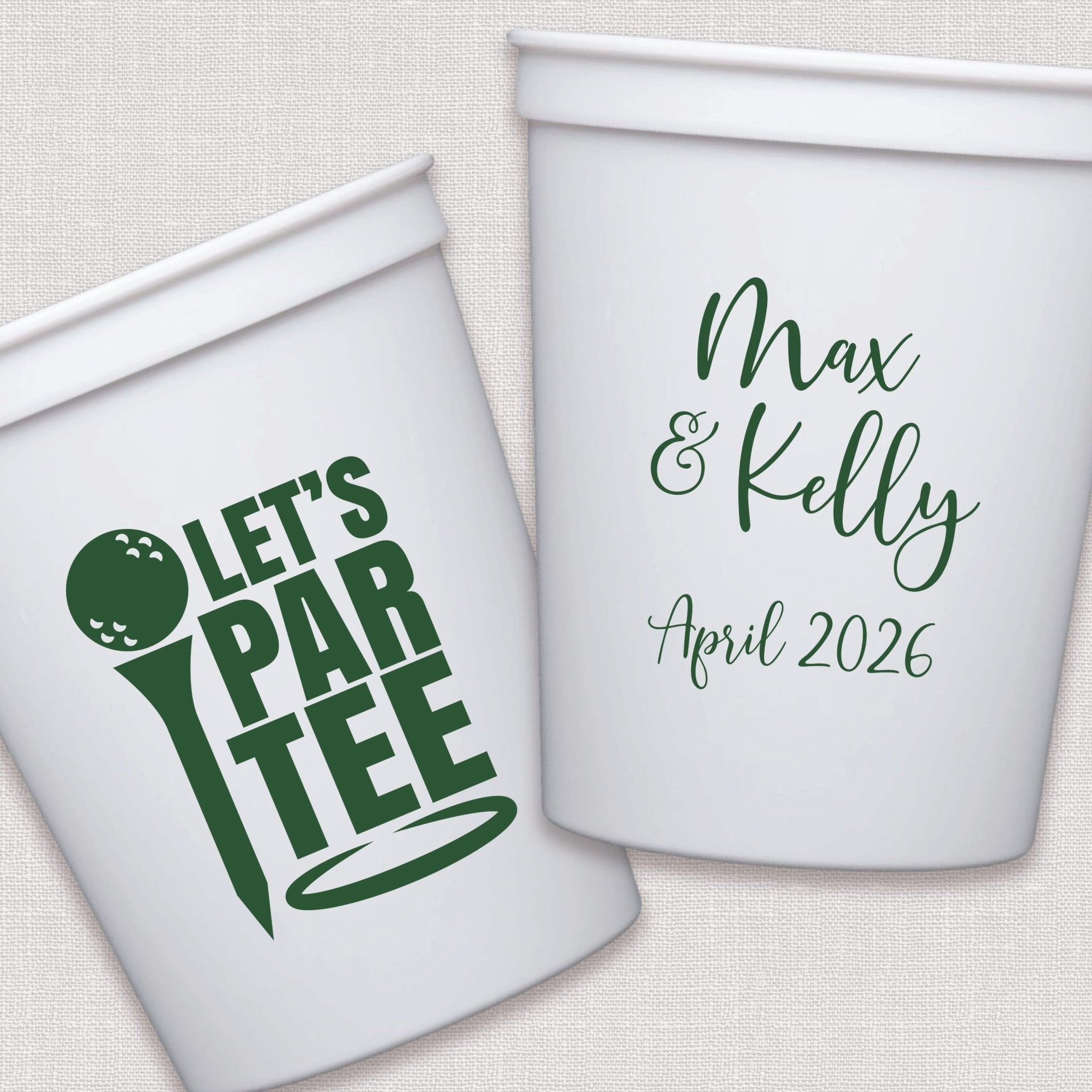 White stadium cups with golf theme and personalized wedding text in green and script