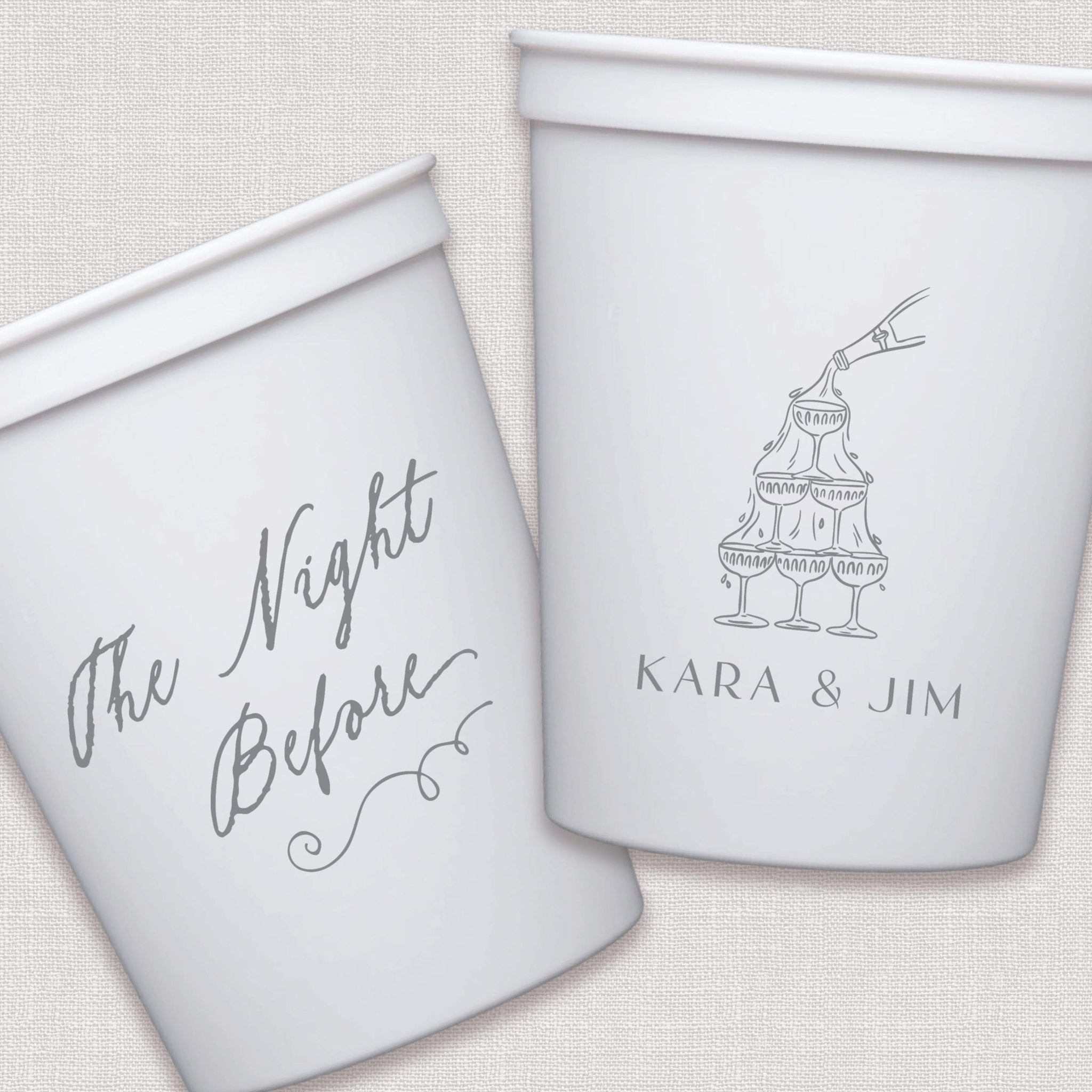 White stadium cup with wedding cake illustration and personalized couple text design