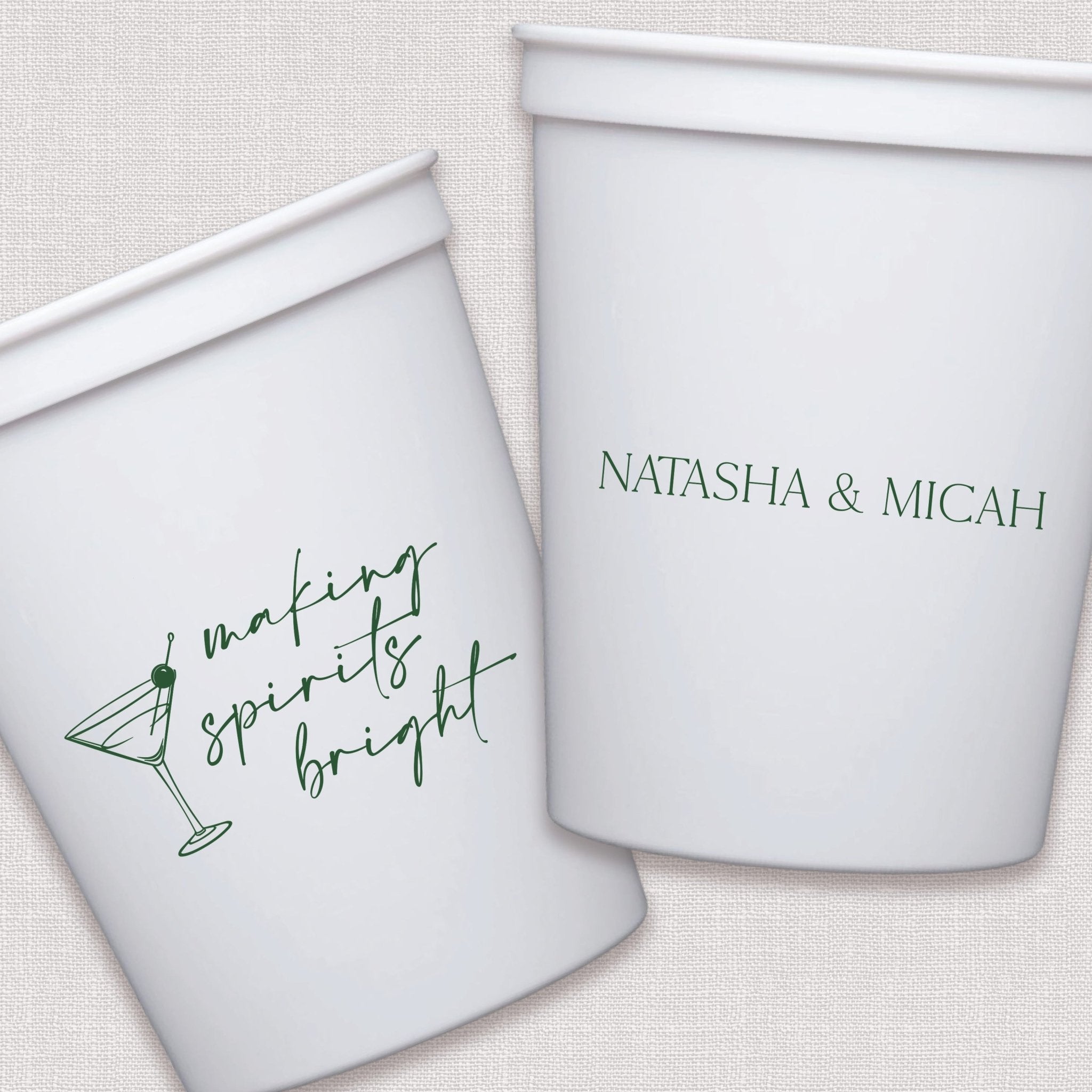 White stadium cups with sage green cocktail and couple text wedding designs
