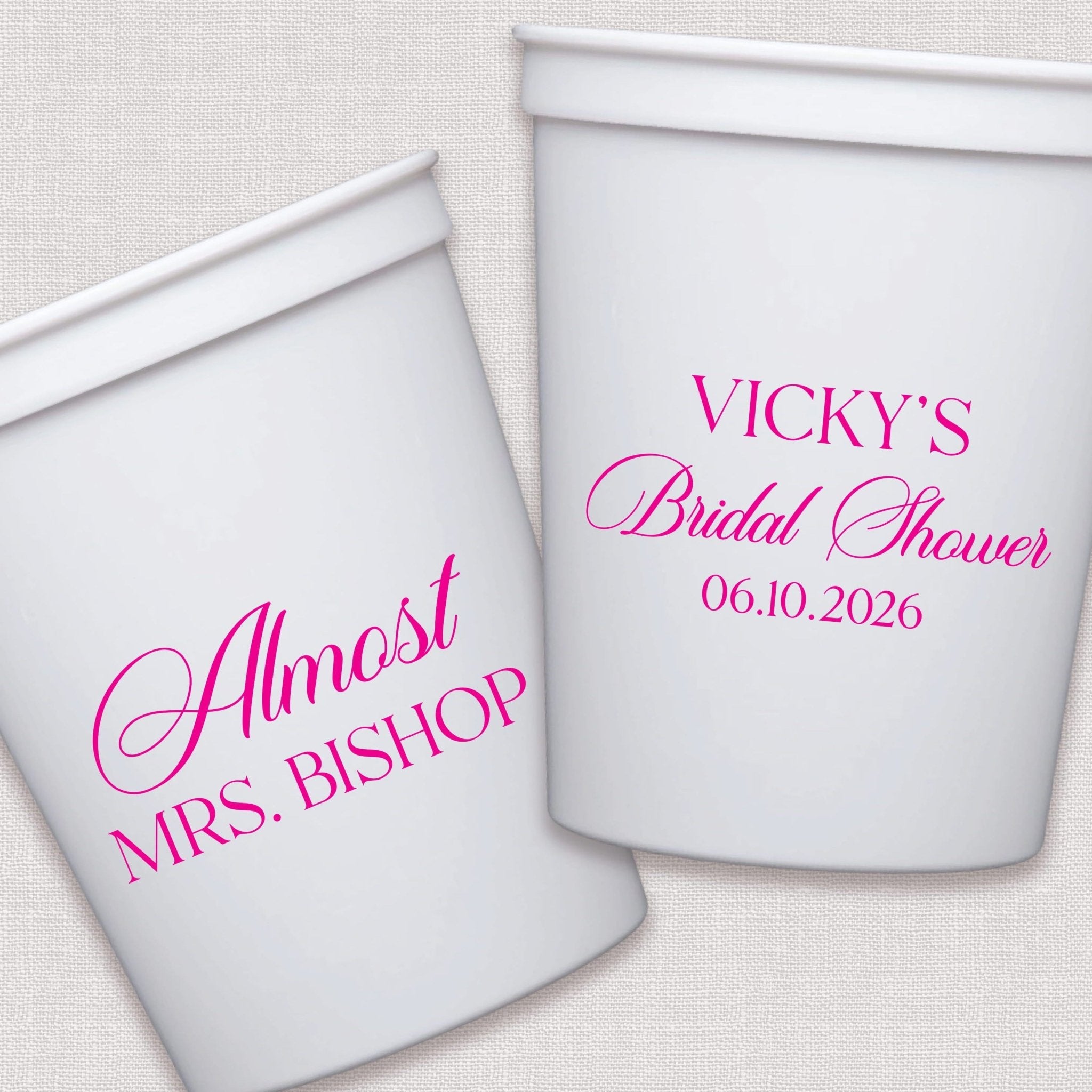 White stadium cup with pink script bridal shower text design