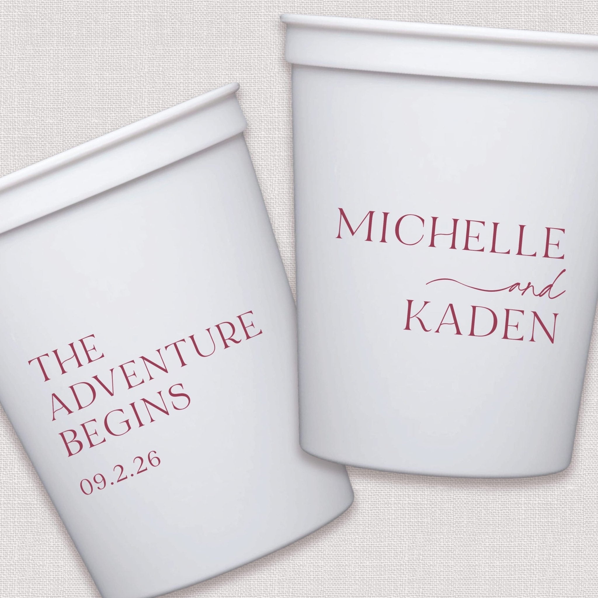 White stadium cup with mauve wedding text design and personalized date
