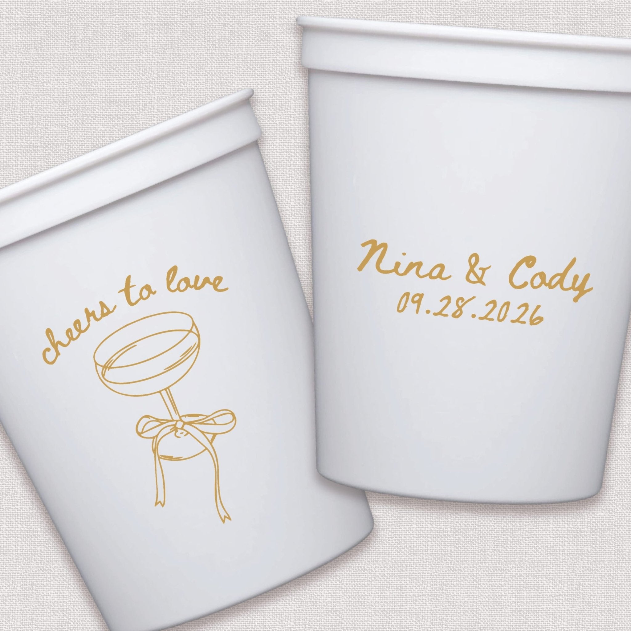White stadium cups with gold foil cheers and wedding couple text design