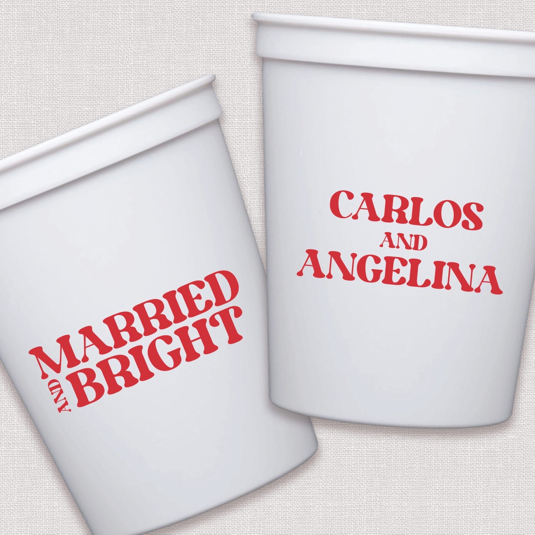 White stadium cups with red personalized wedding text design