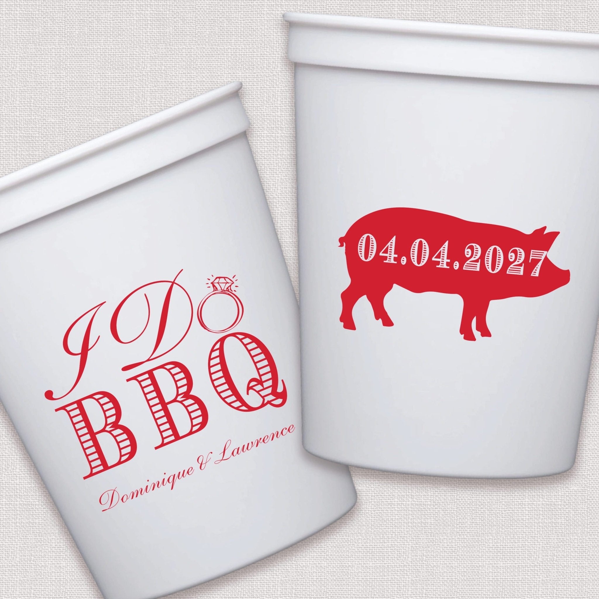 White stadium cups with red pig and script BBQ wedding design