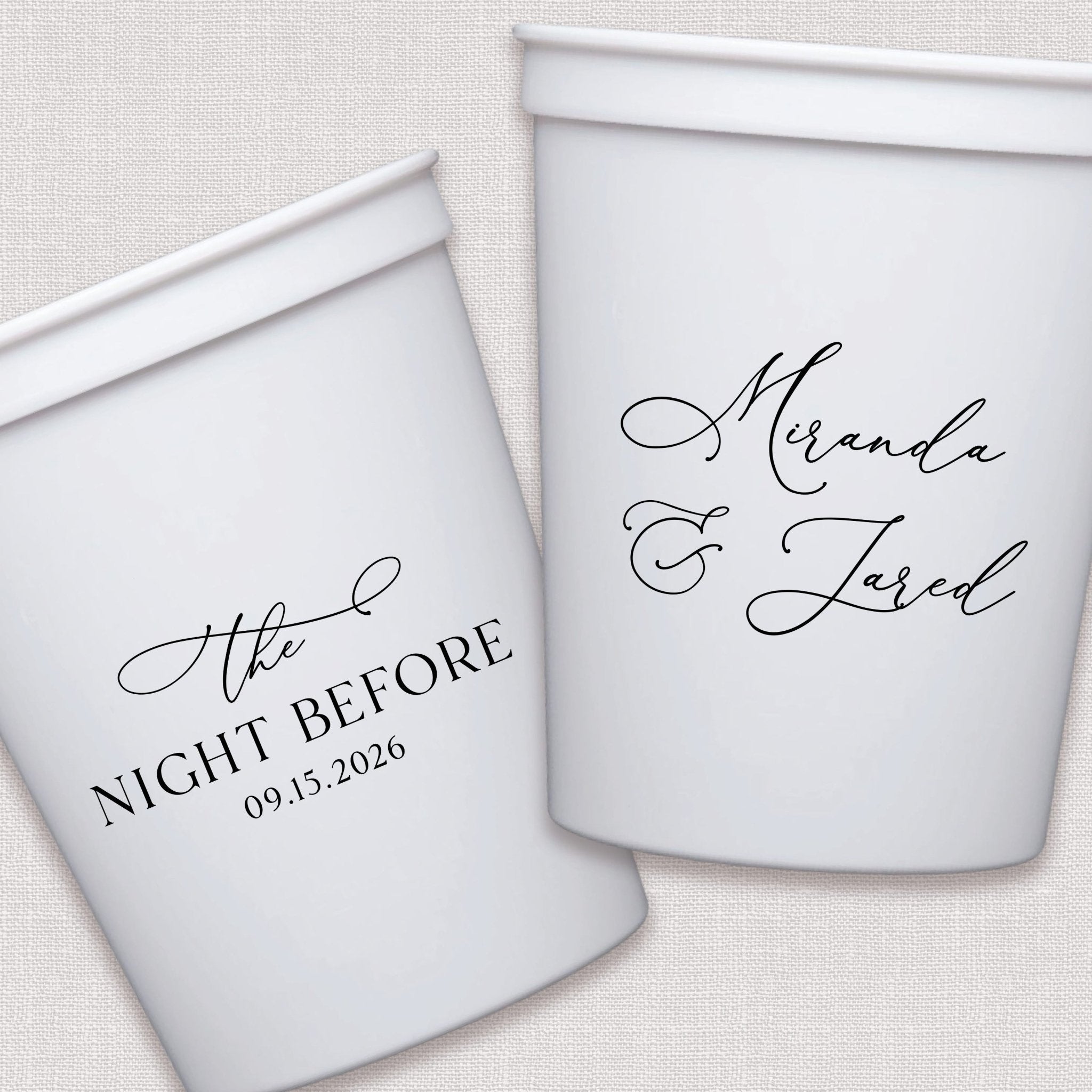 White stadium cups with personalized couple names and script wedding text design