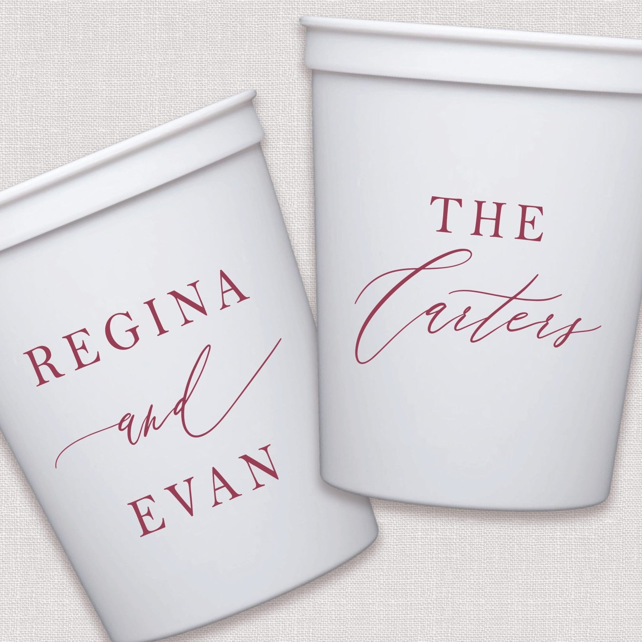 White stadium cups with burgundy personalized wedding text and script design