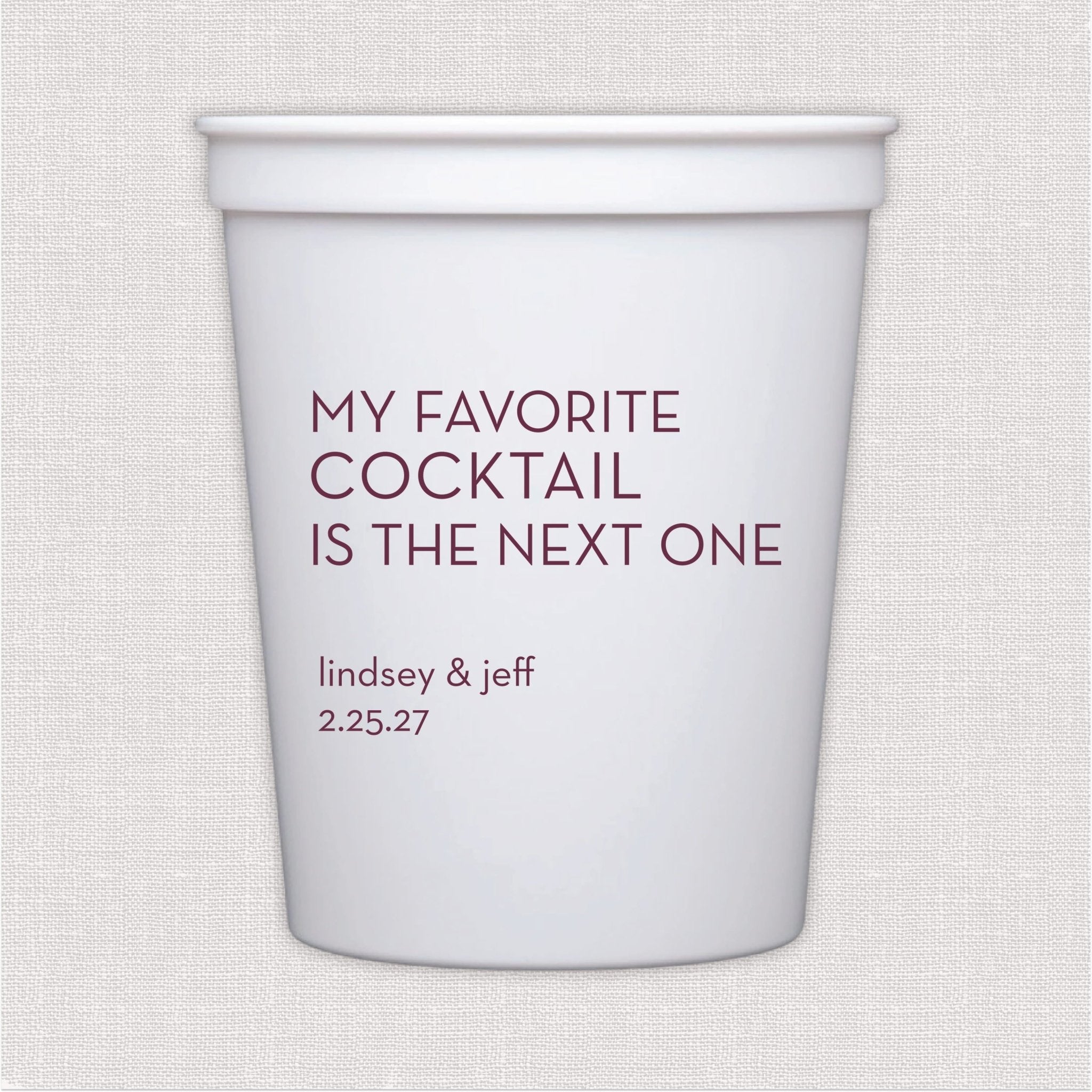 White stadium cup with burgundy cocktail toast text and personalized couple names and wedding date