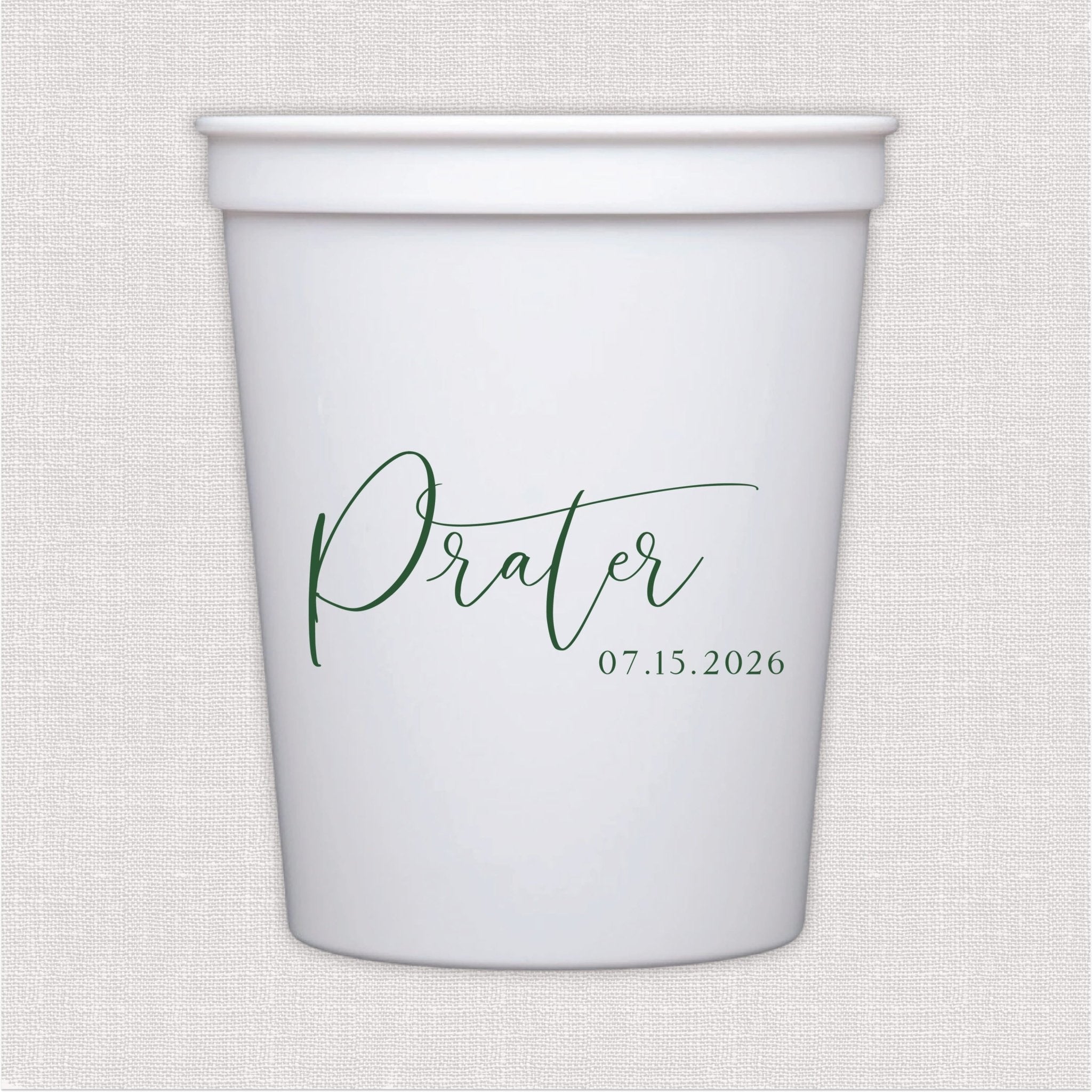 White stadium cup with sage green script text and date design