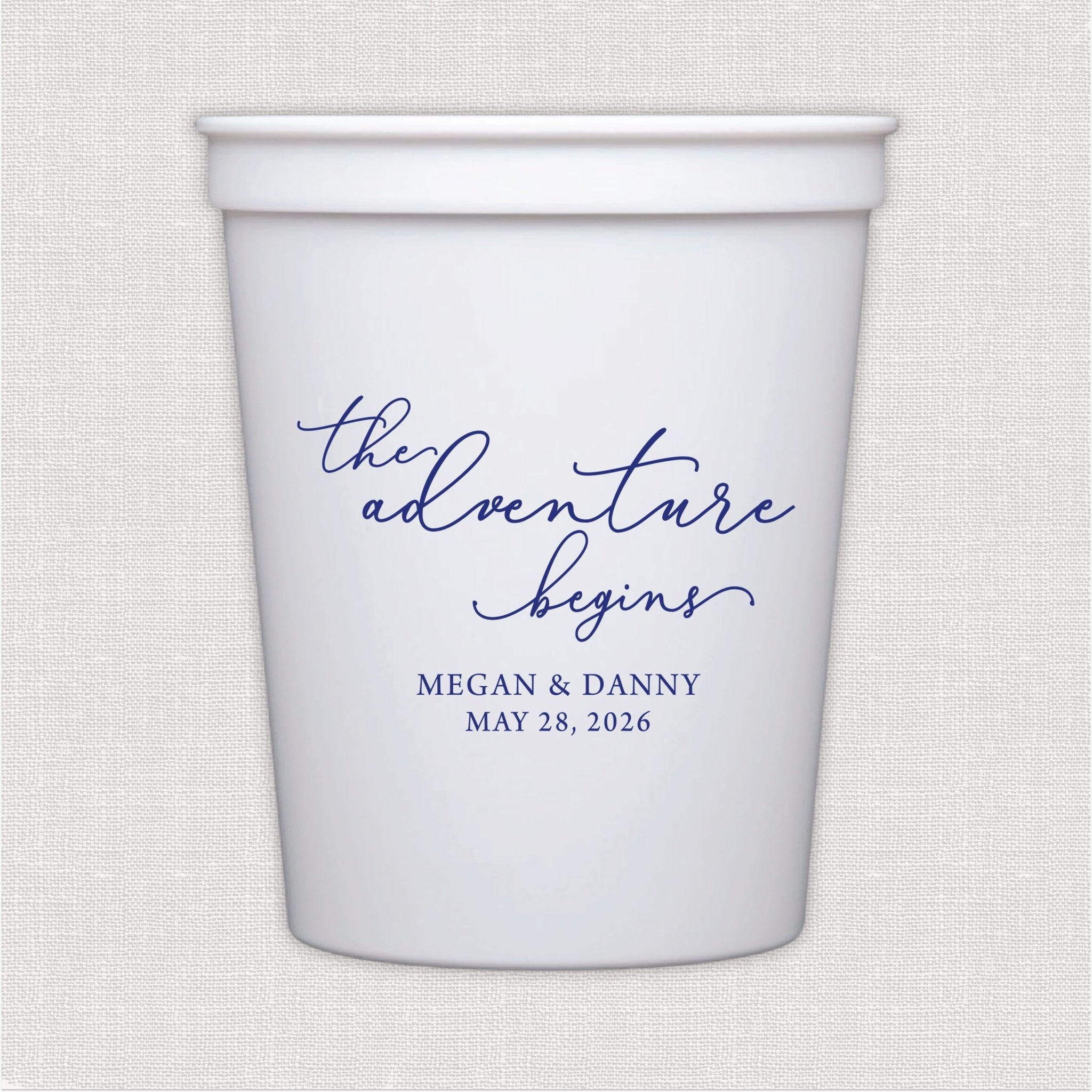 White stadium cup with navy script wedding text design and personalized couple names and date