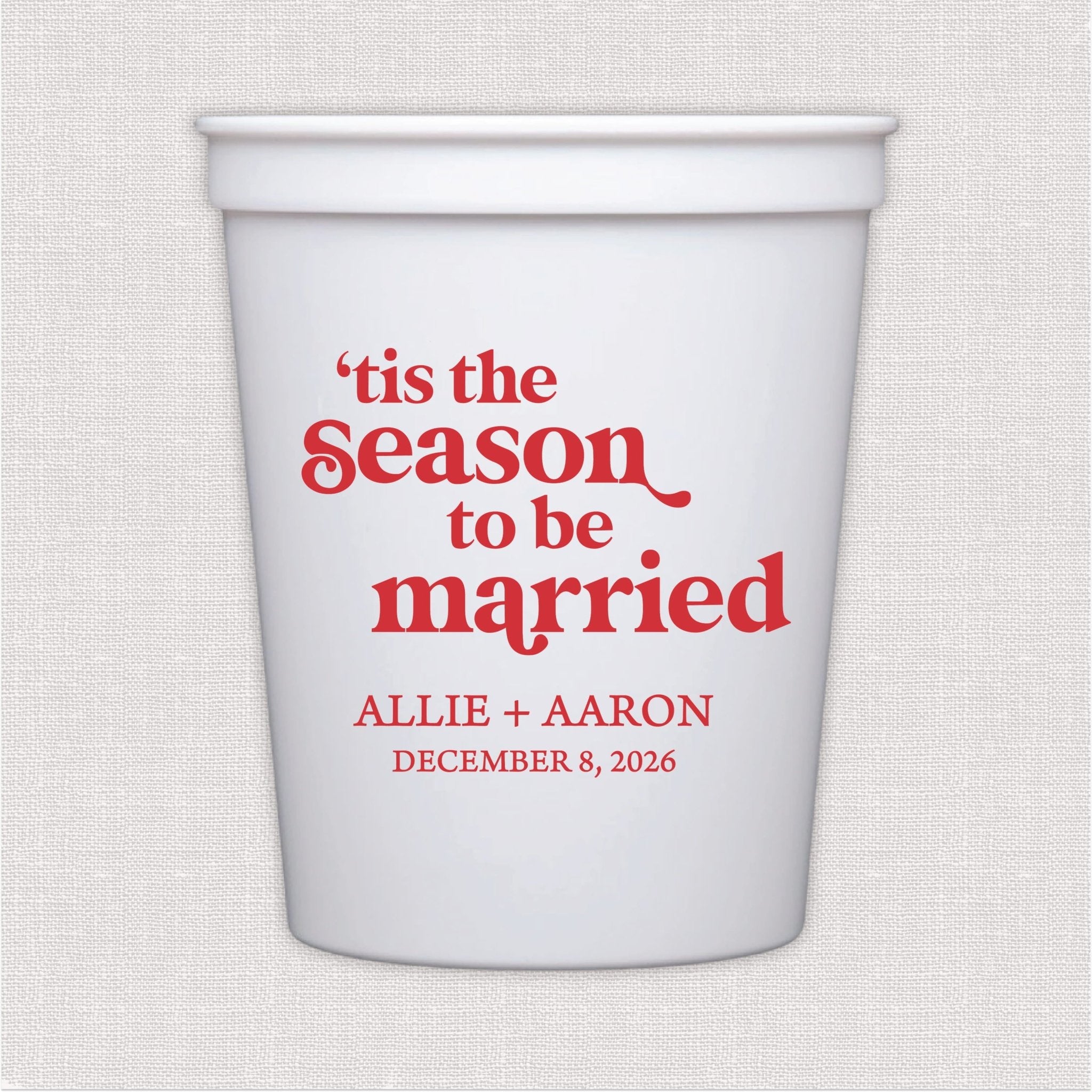 White stadium cup with red holiday wedding text design