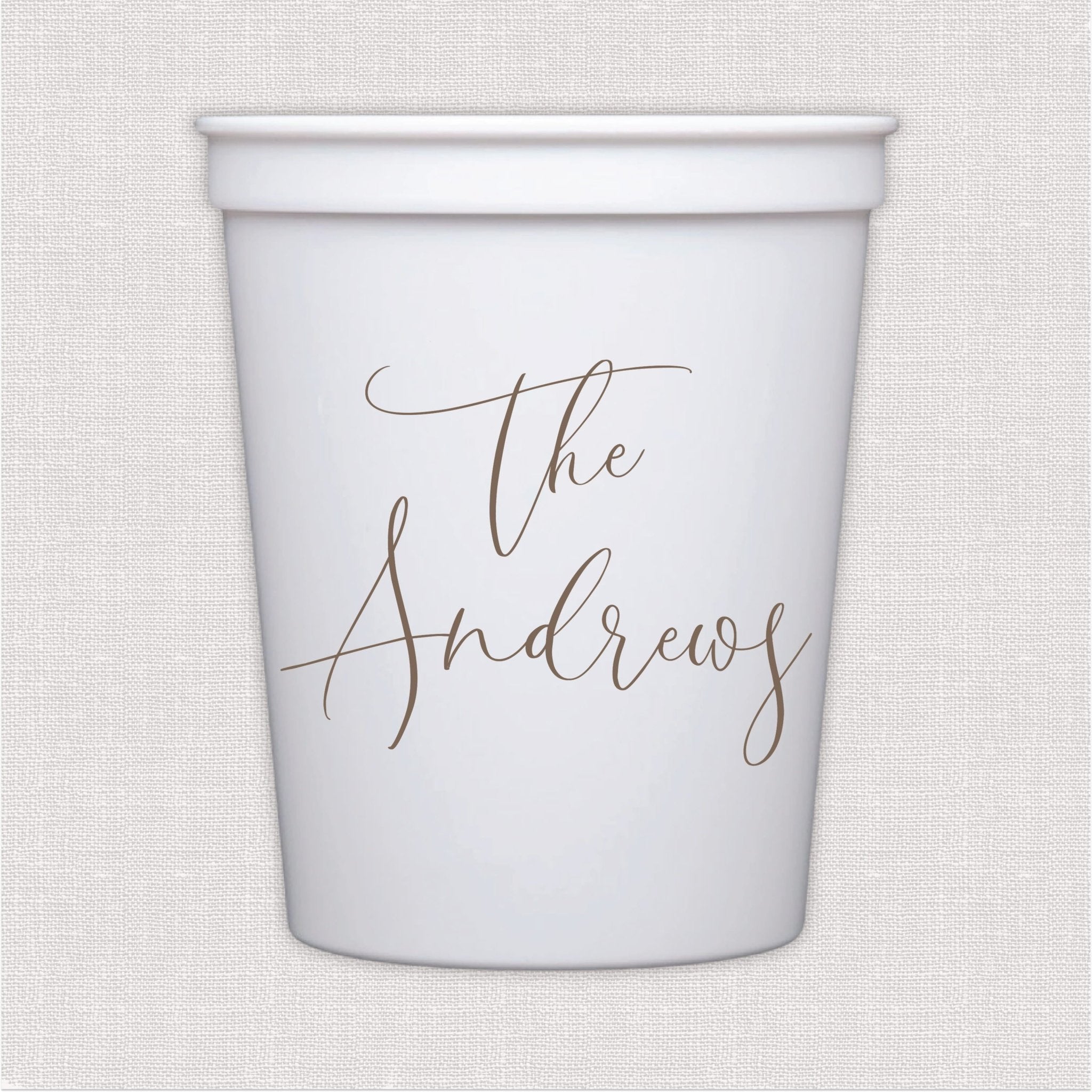 White stadium cup with personalized script wedding text in taupe print