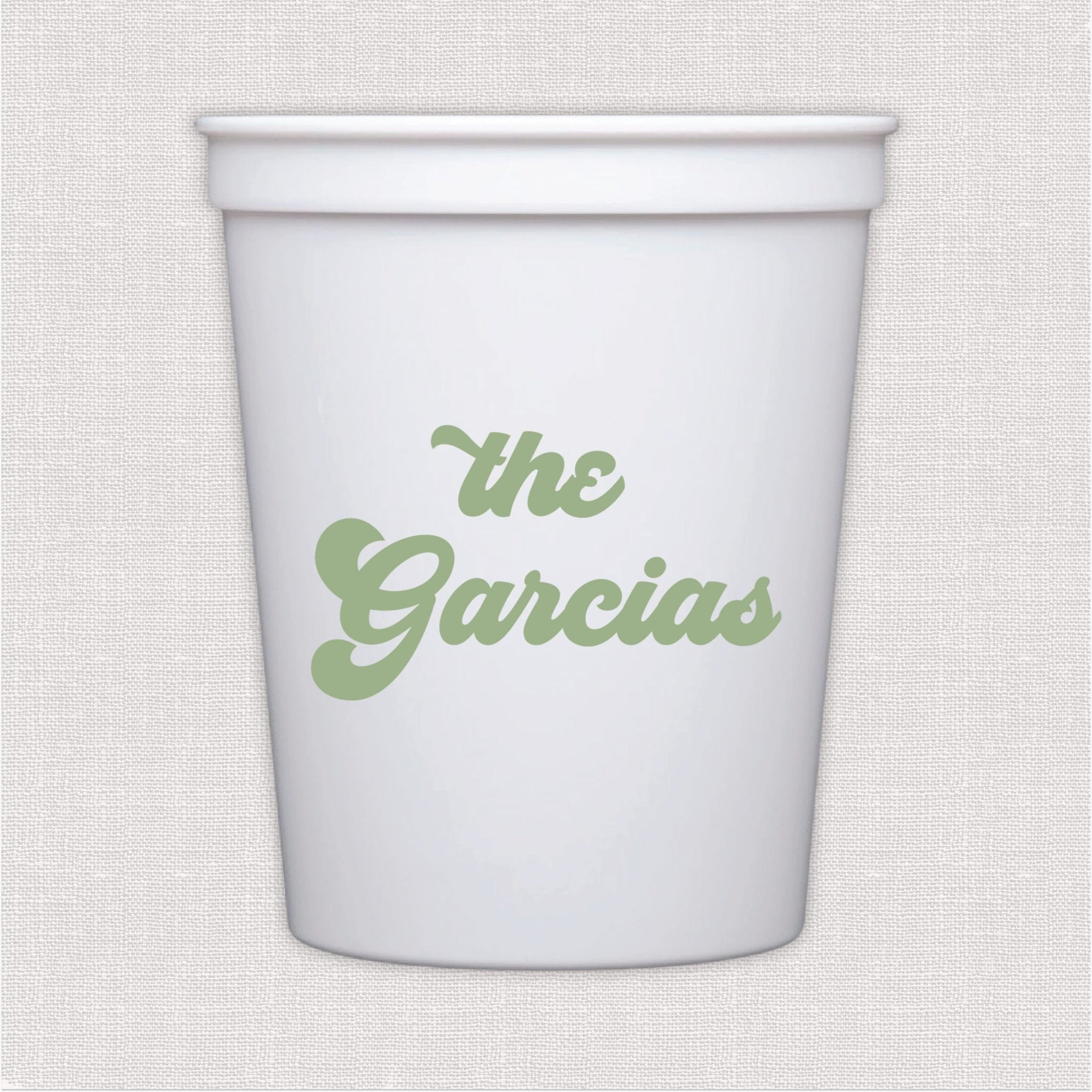 White stadium cup with sage green script wedding last name design
