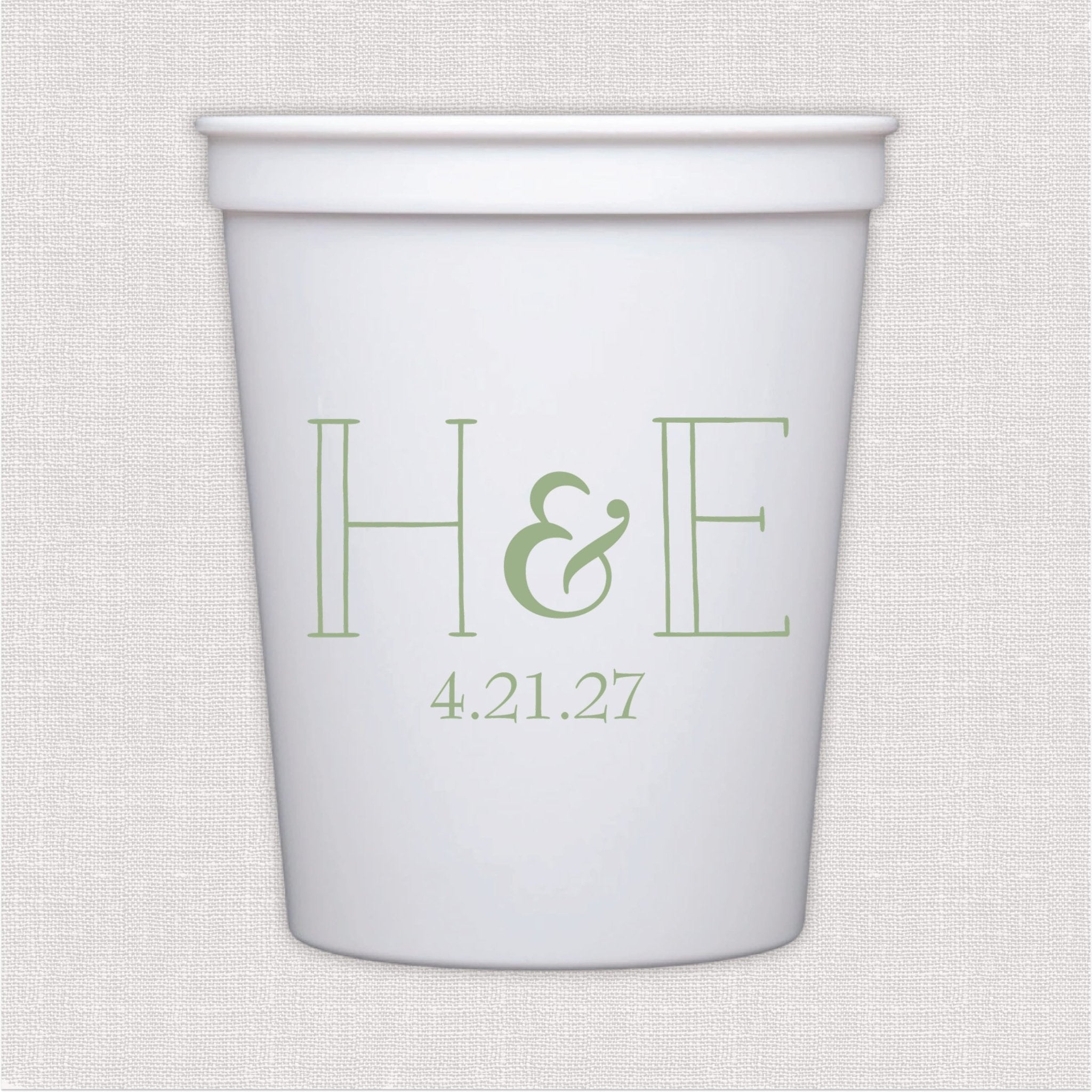 White stadium cup with sage green monogram and wedding date design