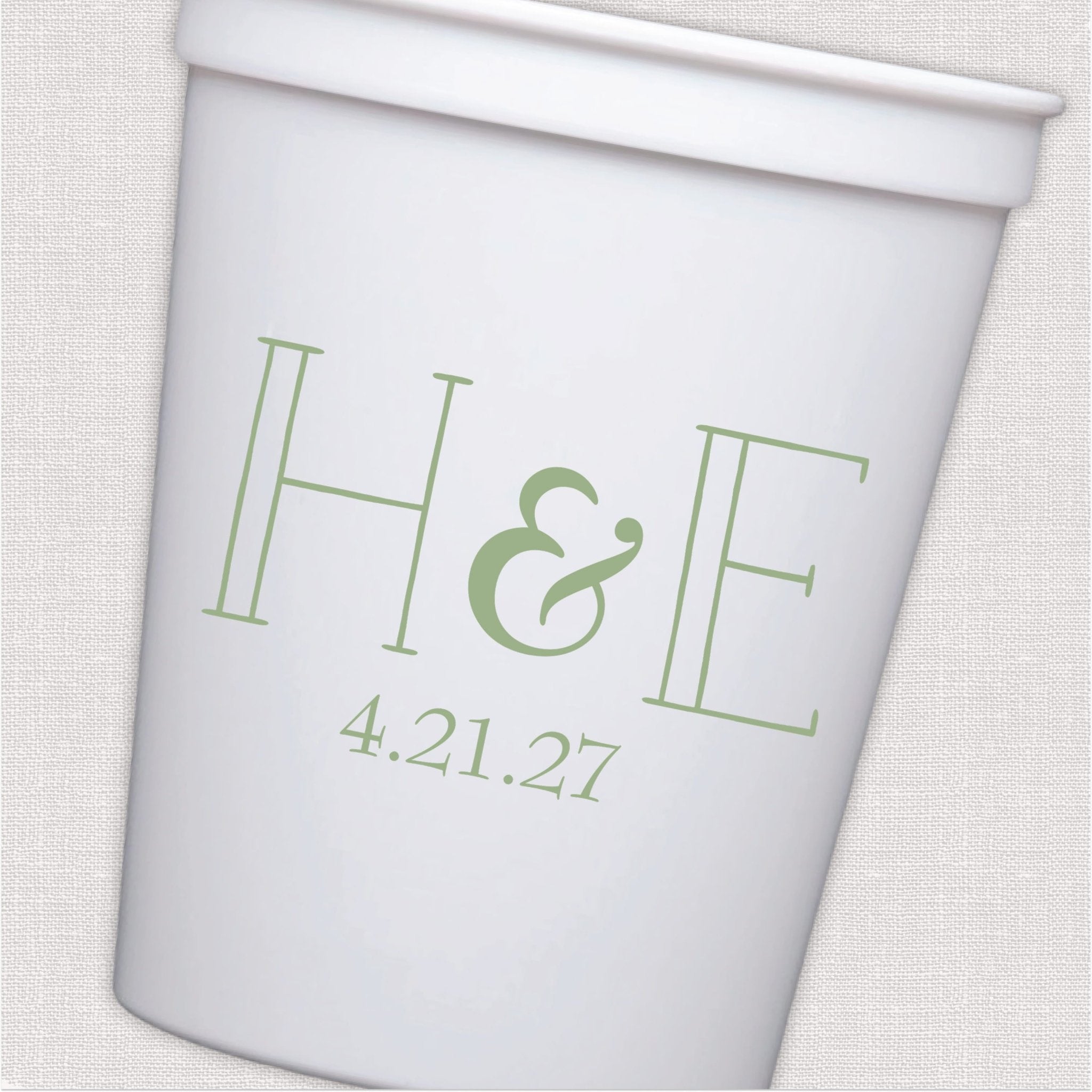 White stadium cup with sage green monogram and wedding date design