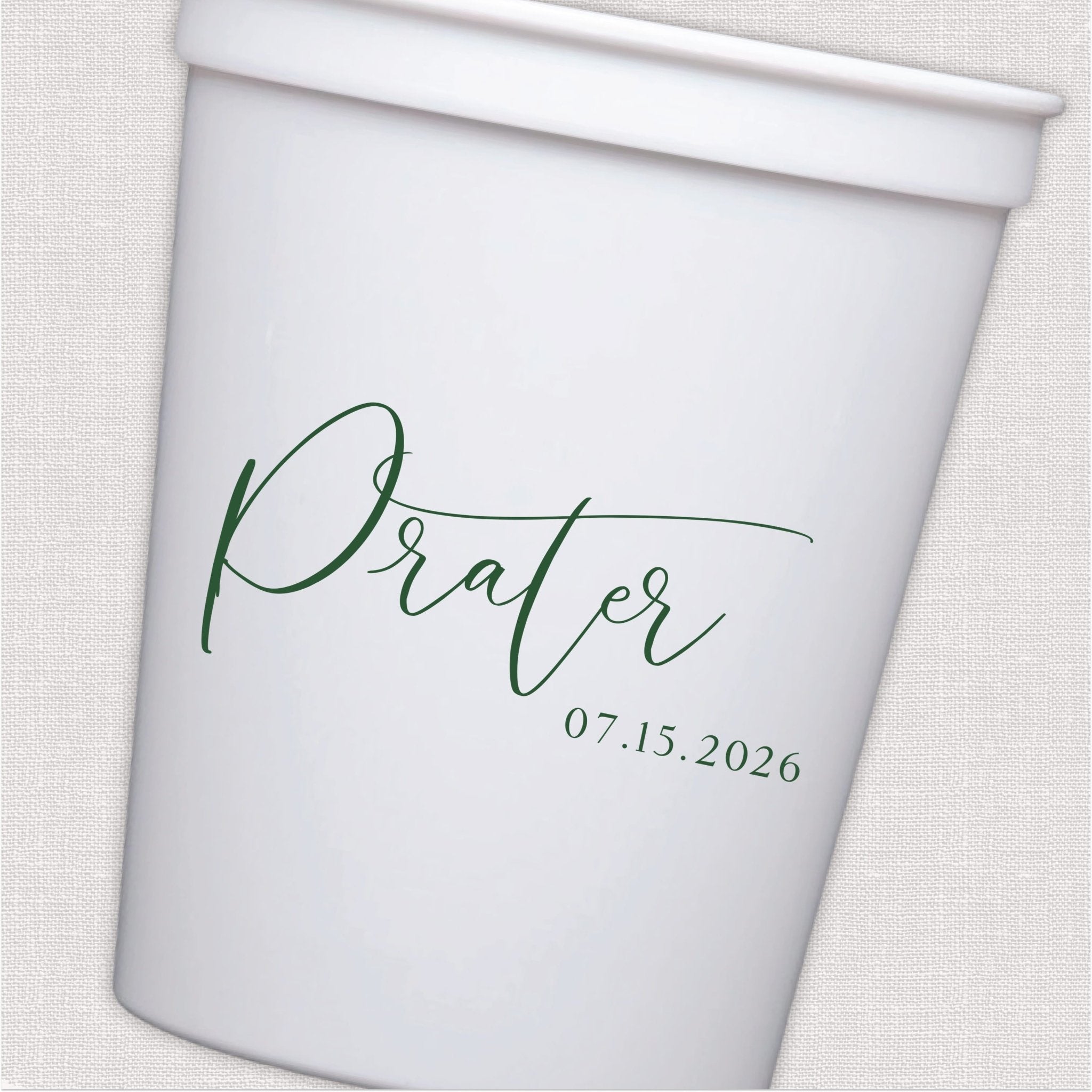 White stadium cup with sage green script wedding text and date design
