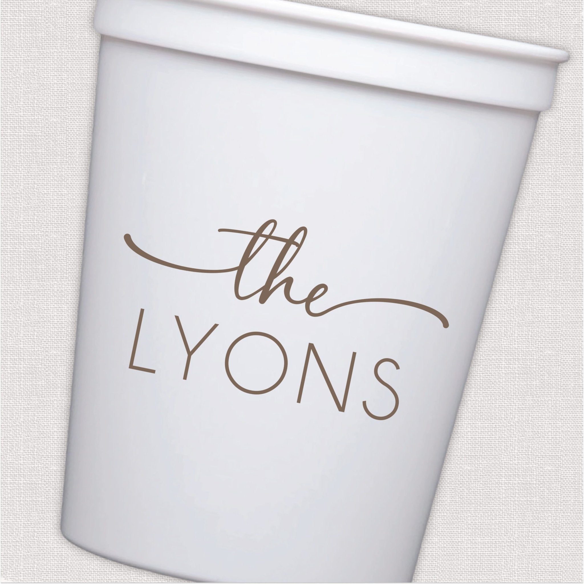 White stadium cup with personalized wedding text in taupe script design