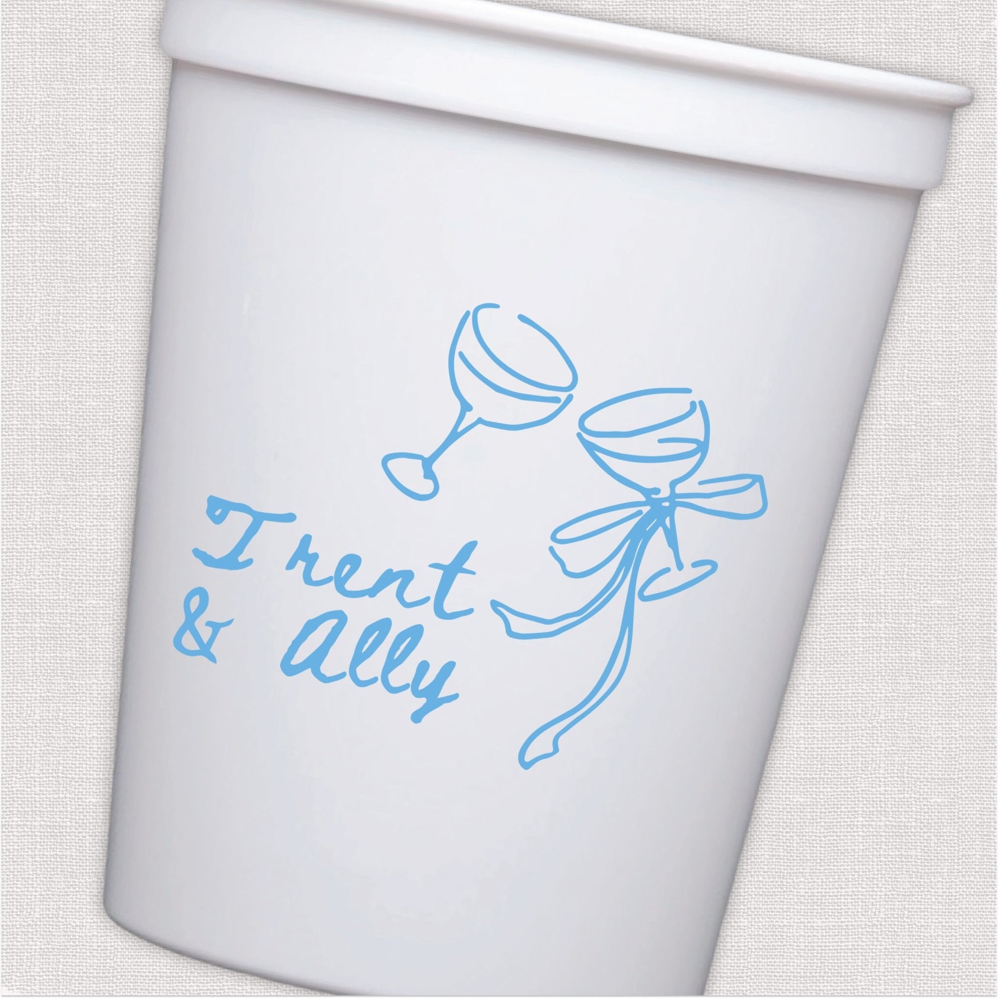 White stadium cup with blue wedding toast and champagne glass design