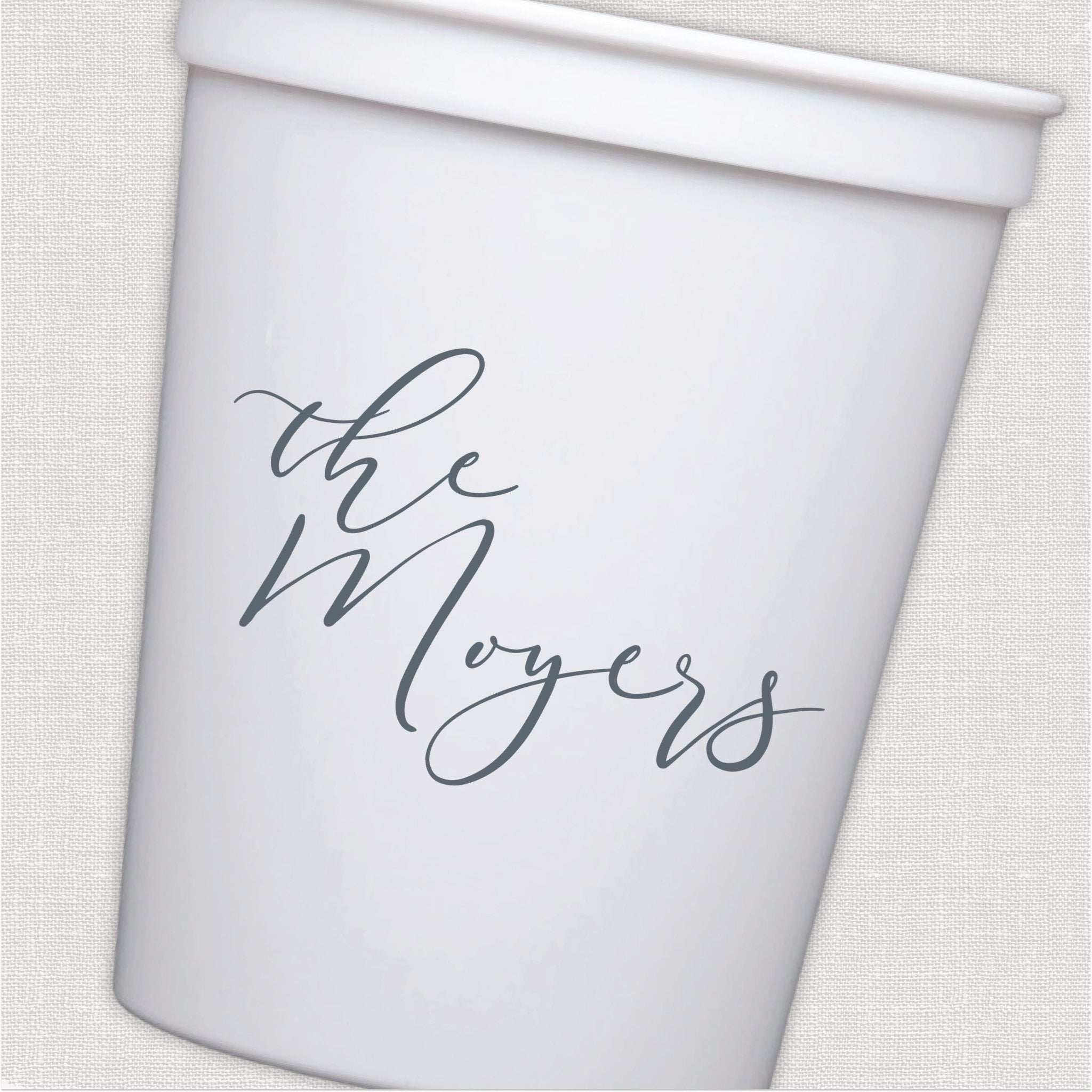 White stadium cup with personalized wedding script text in gray ink