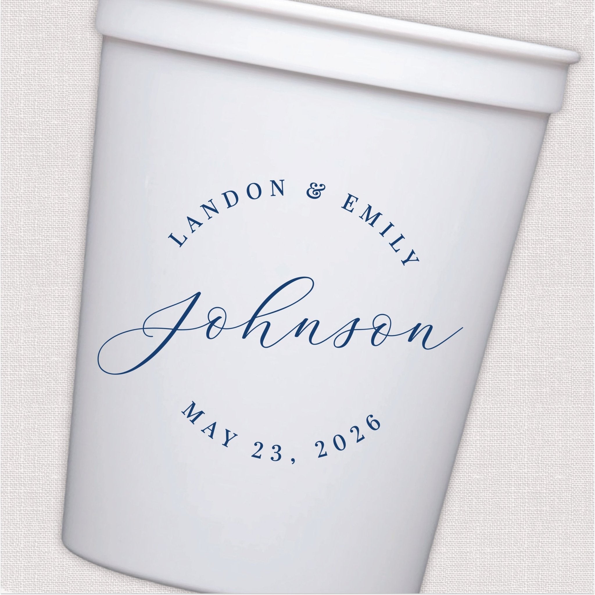 White stadium cup with navy script personalized wedding text and date design