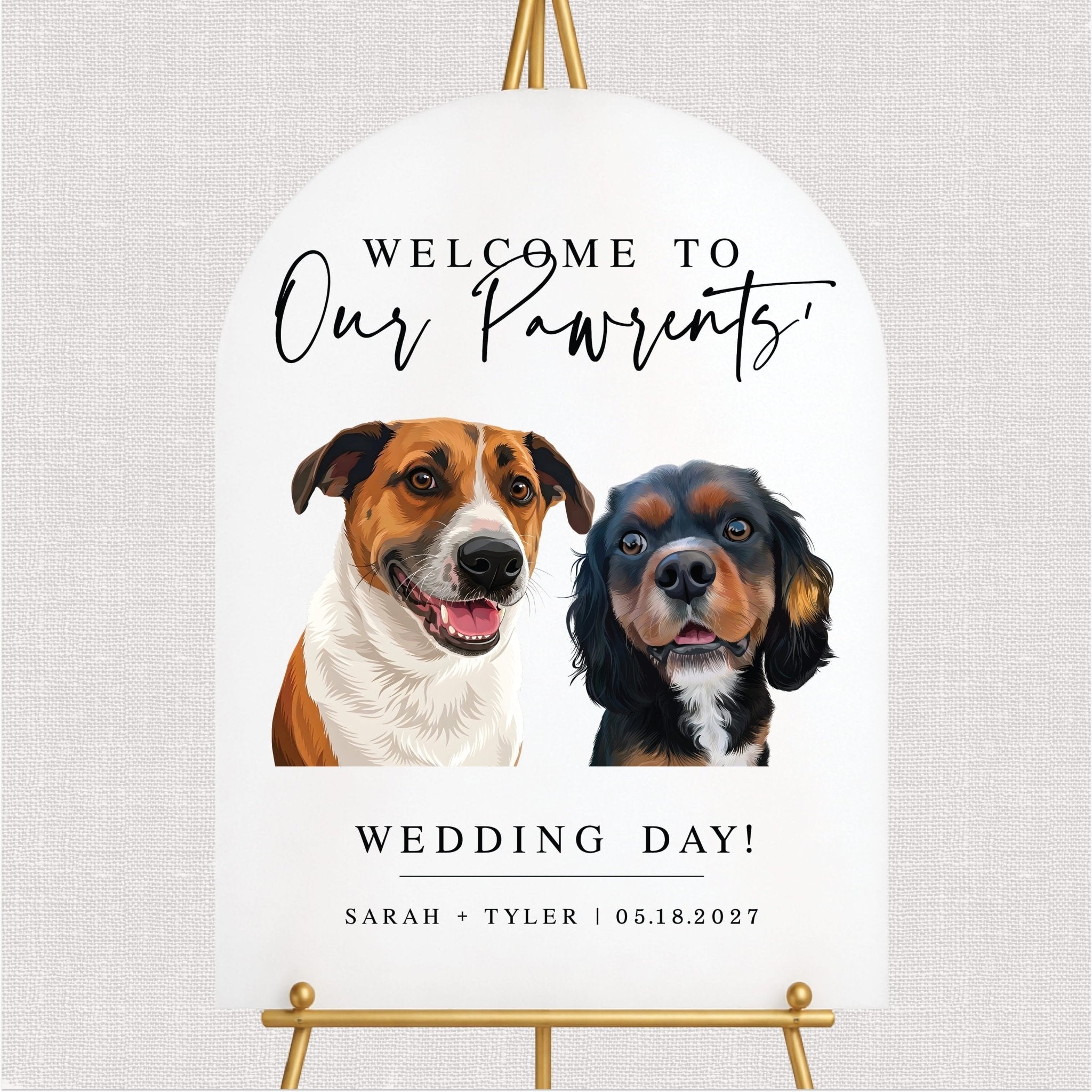 White welcome sign with custom dog portraits and personalized wedding text in script and print fonts