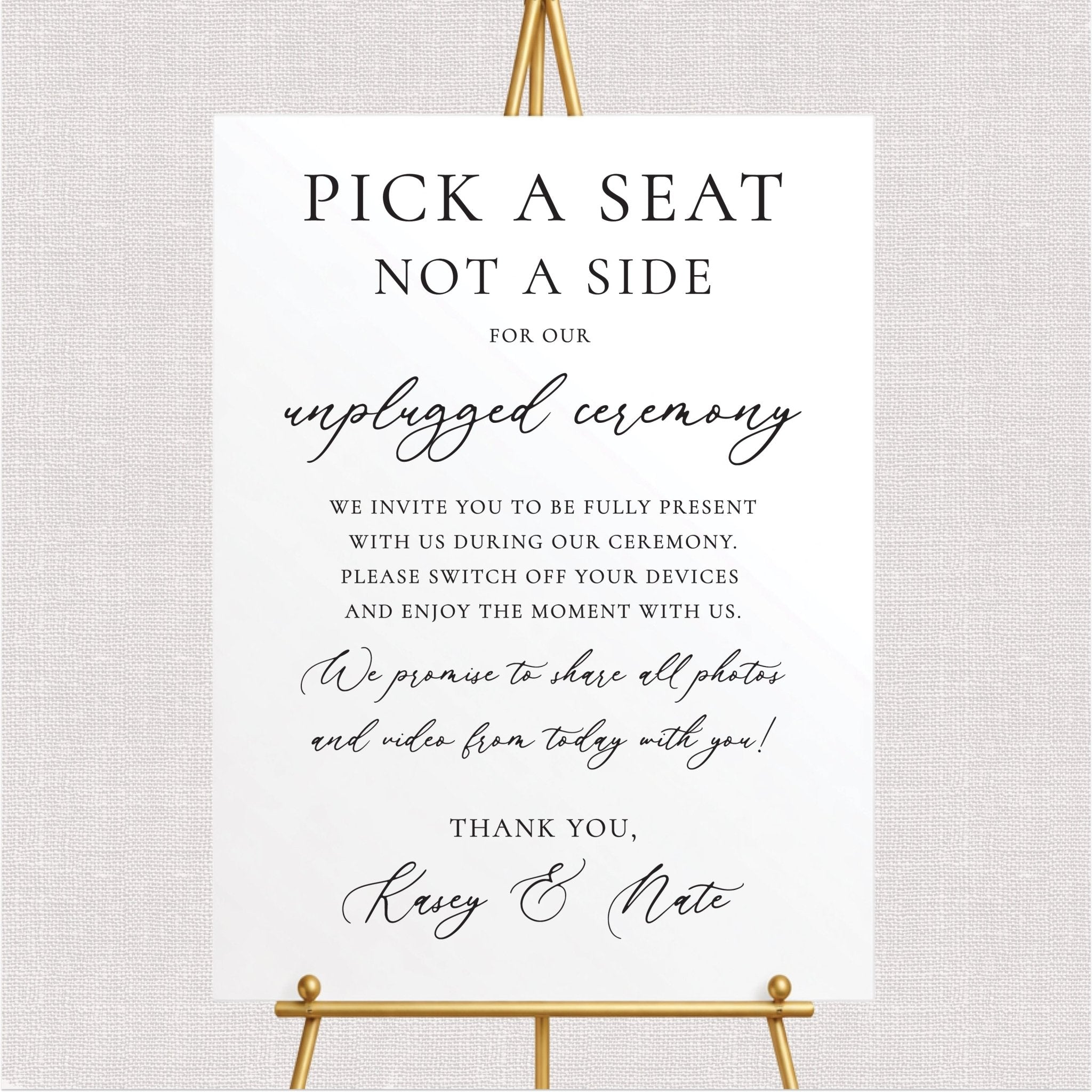 Pick a Seat Not A Side Unplugged Wedding Ceremony Sign