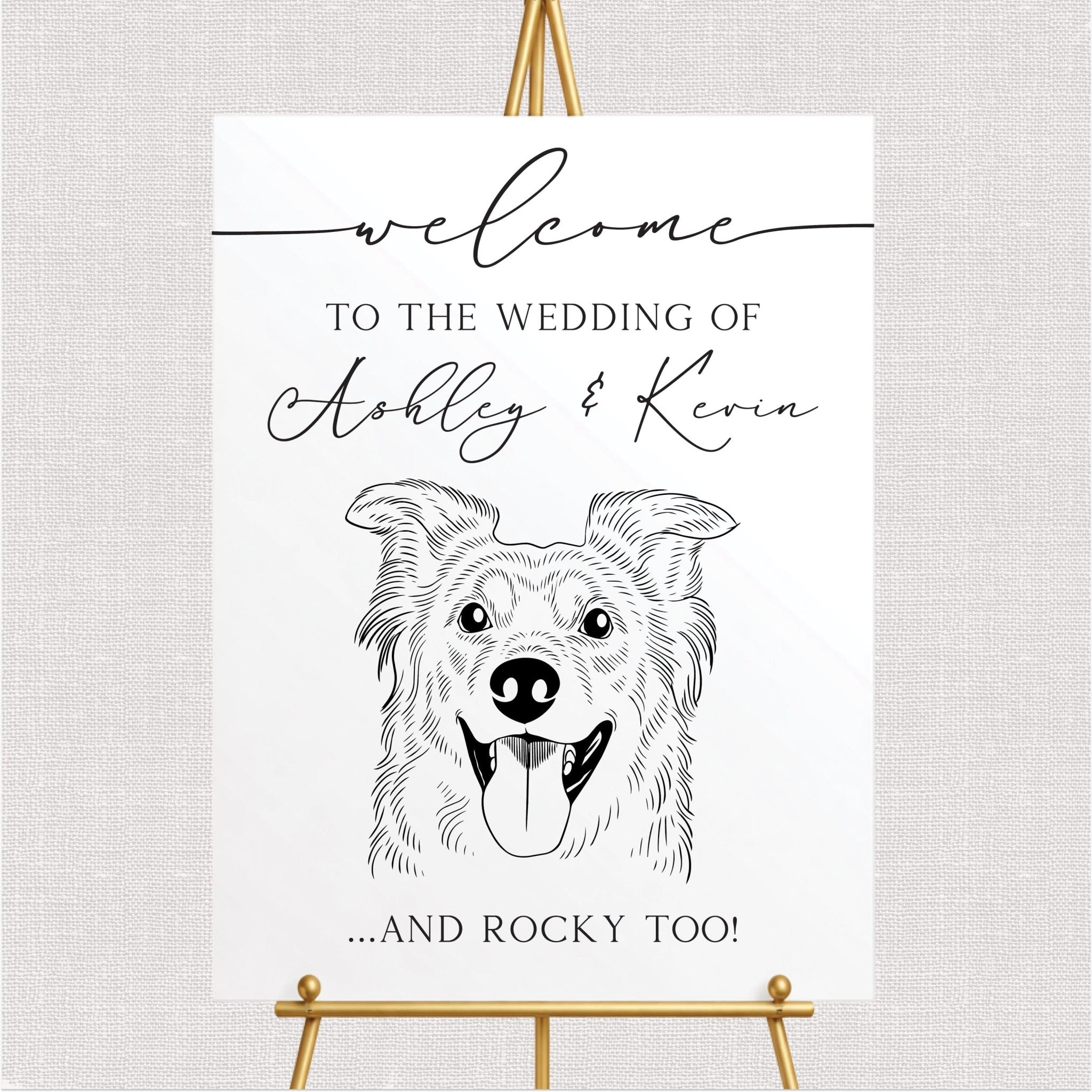 White wedding welcome sign with dog illustration and personalized couple text design