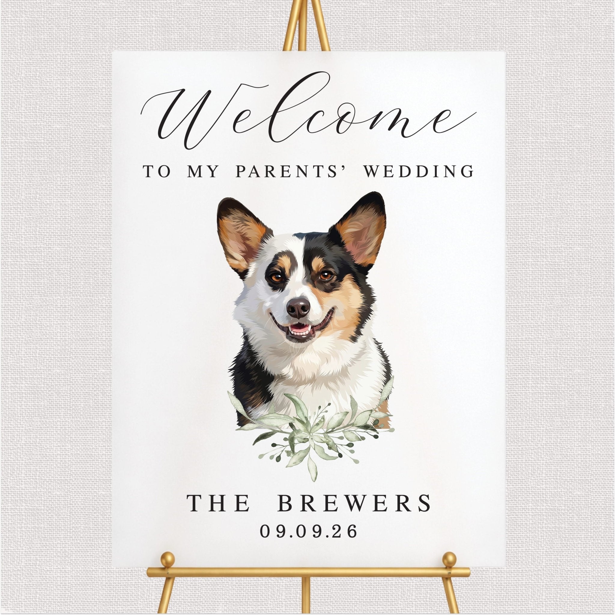 White wedding welcome sign with corgi illustration and personalized text design