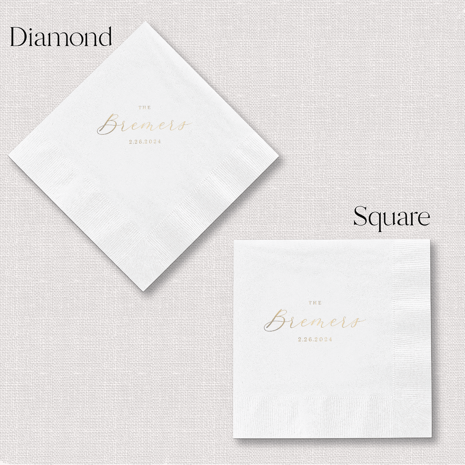 White foil-stamped napkins in diamond and square shapes with "Biancis" personalization in gold lettering.