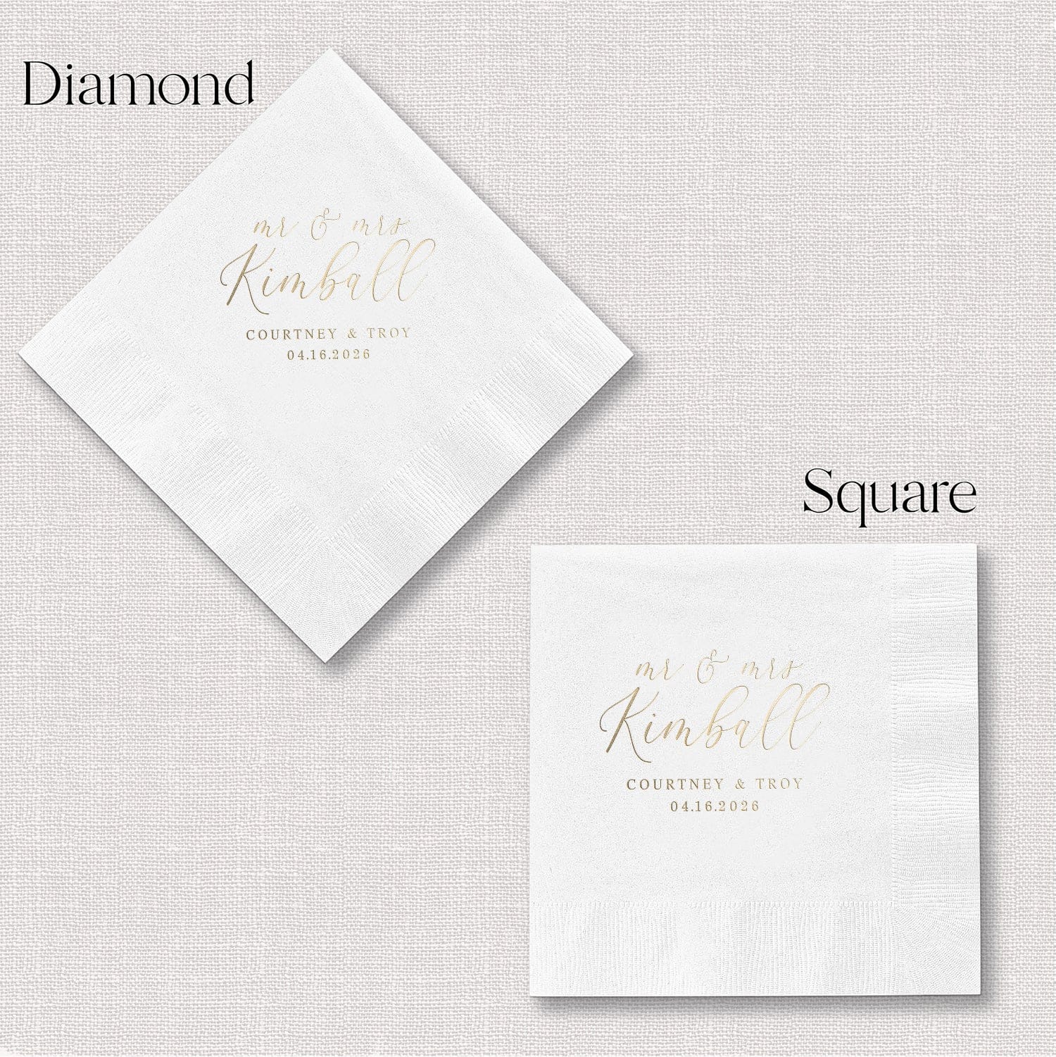 White napkins in diamond and square shapes with gold foil "Mr and Mrs Kimball" text and wedding date.