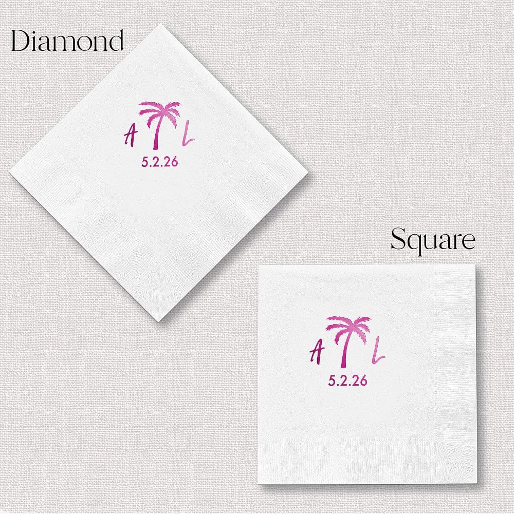 White napkins with pink foil palm tree design and date 5.2.26, shown in diamond and square folding styles