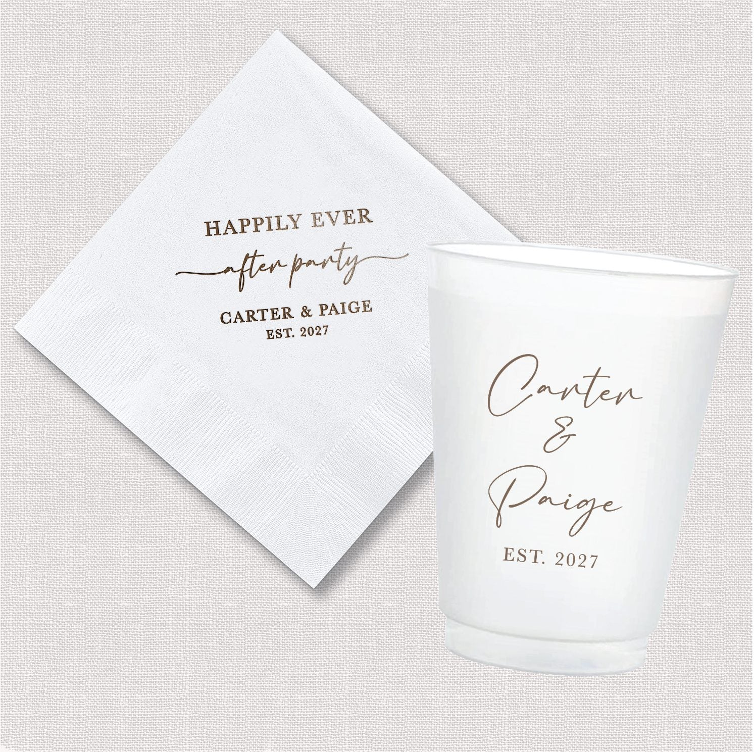 Happily Ever After Party personalized cocktail napkin and frosted shatterproof cup bundle with warm gold serif and script design