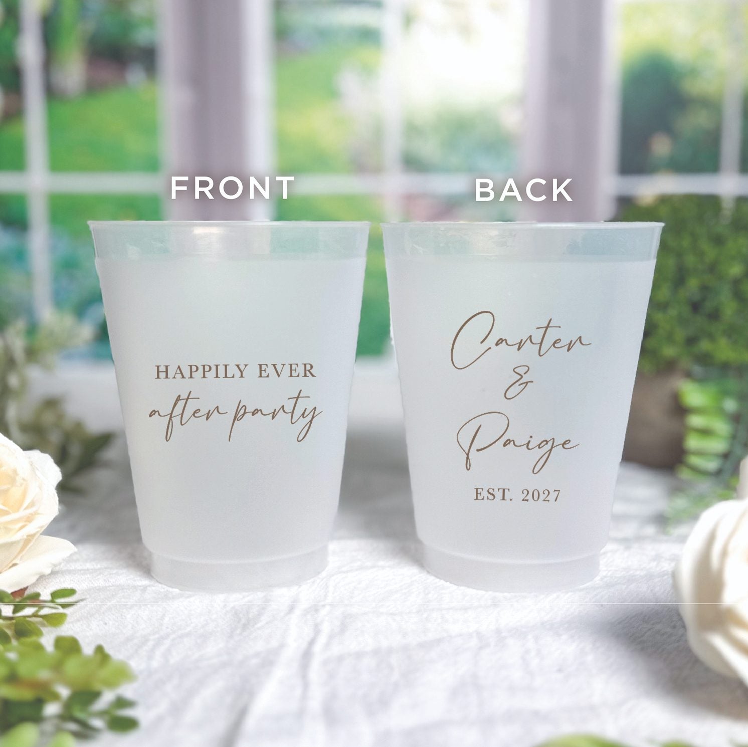 Personalized frosted shatterproof cups showing front and back -- Happily Ever After Party design with couples names and Est. year
