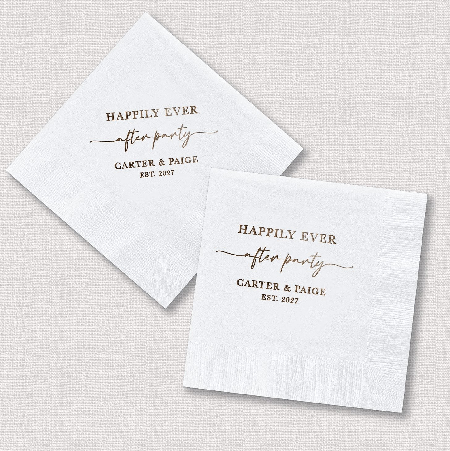 Personalized Happily Ever After Party napkins shown in square and diamond orientation with gold foil typography