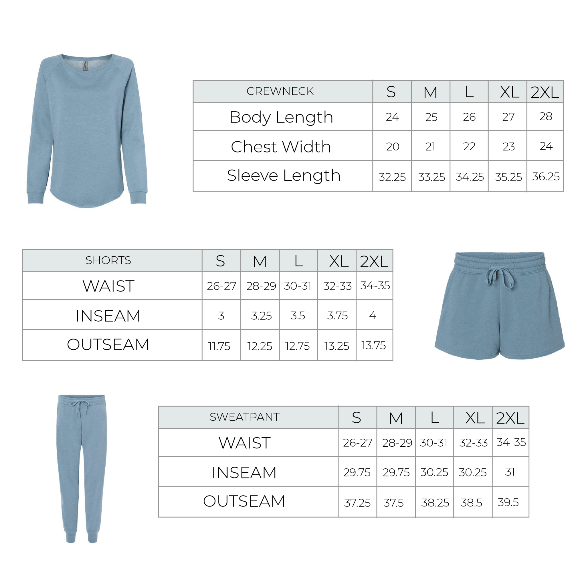 Blue crewneck sweatshirt with size chart showing measurements for body length, chest width, and sleeve length across sizes S to 2XL