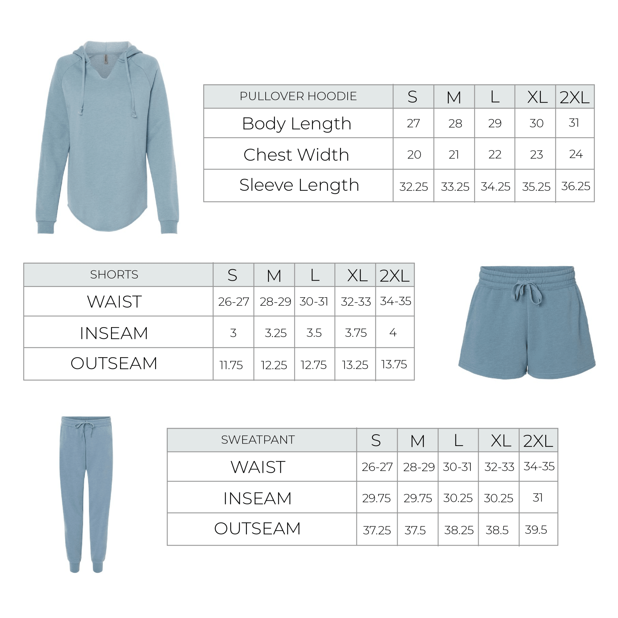 Slate blue pullover hoodie with matching shorts and sweatpants displayed with size chart measurements for personalized bridal party wear.