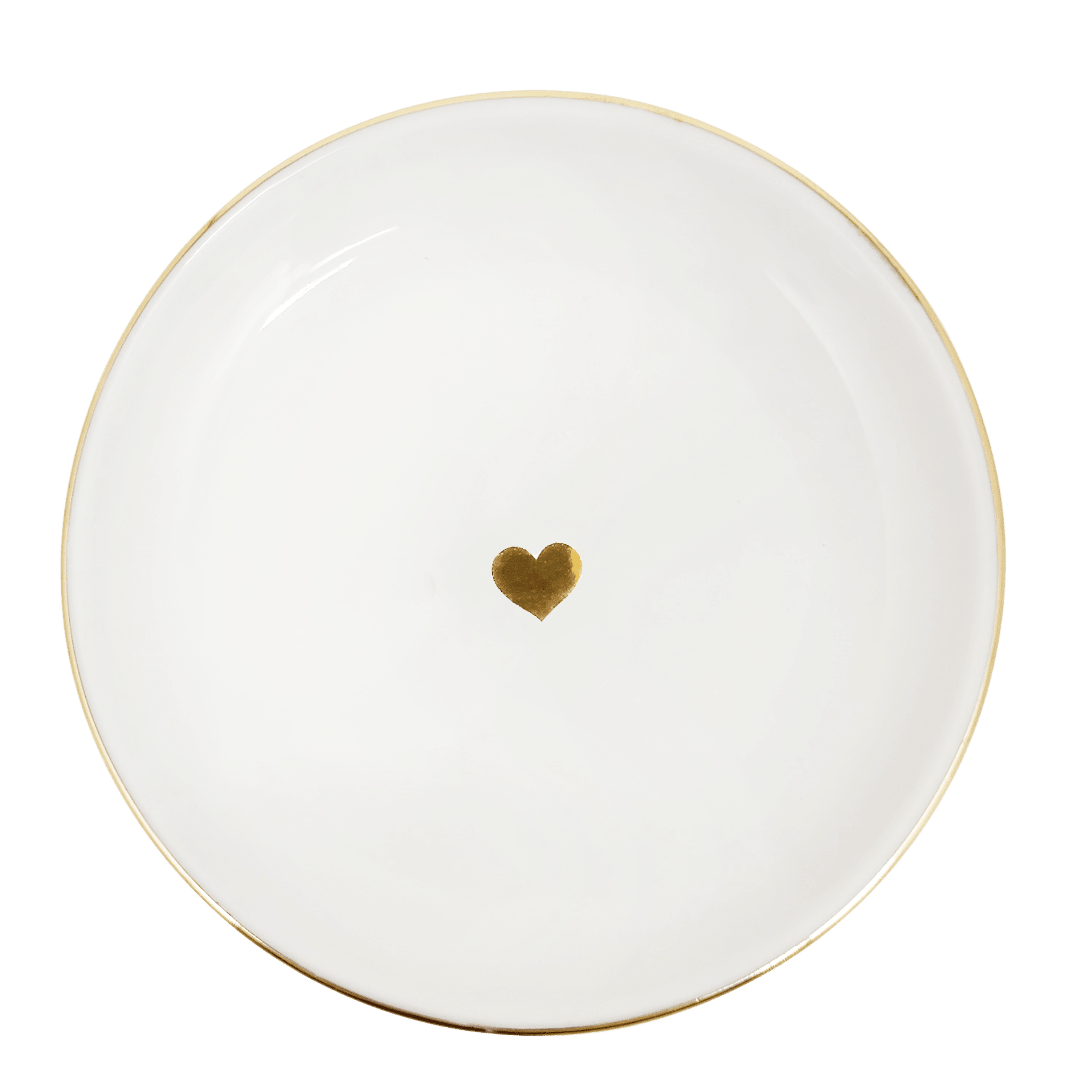White ceramic trinket dish with gold rim and small gold heart design in center