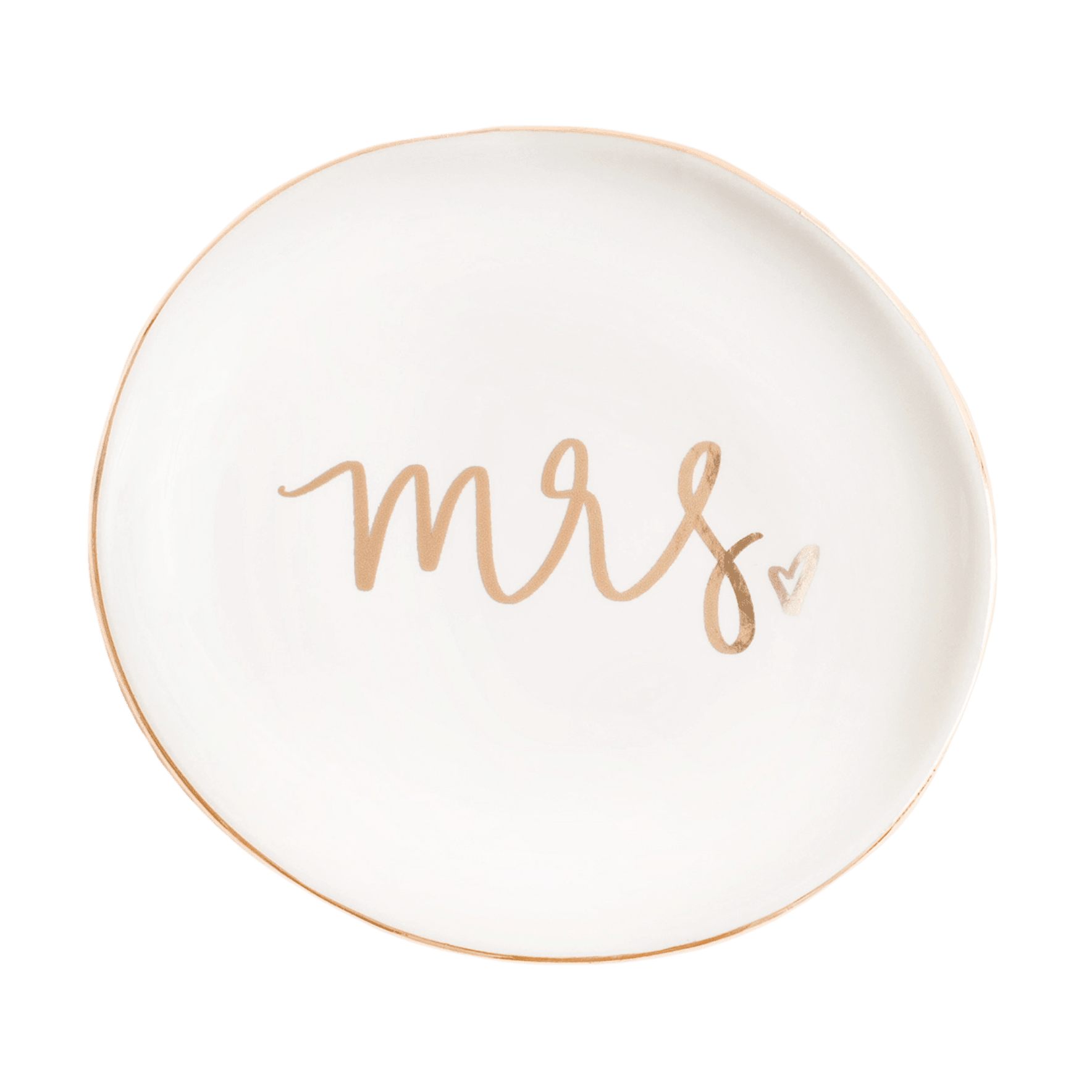 Cream ceramic dish with rose gold rim and "Mrs" script text, perfect for holding jewelry or trinkets.