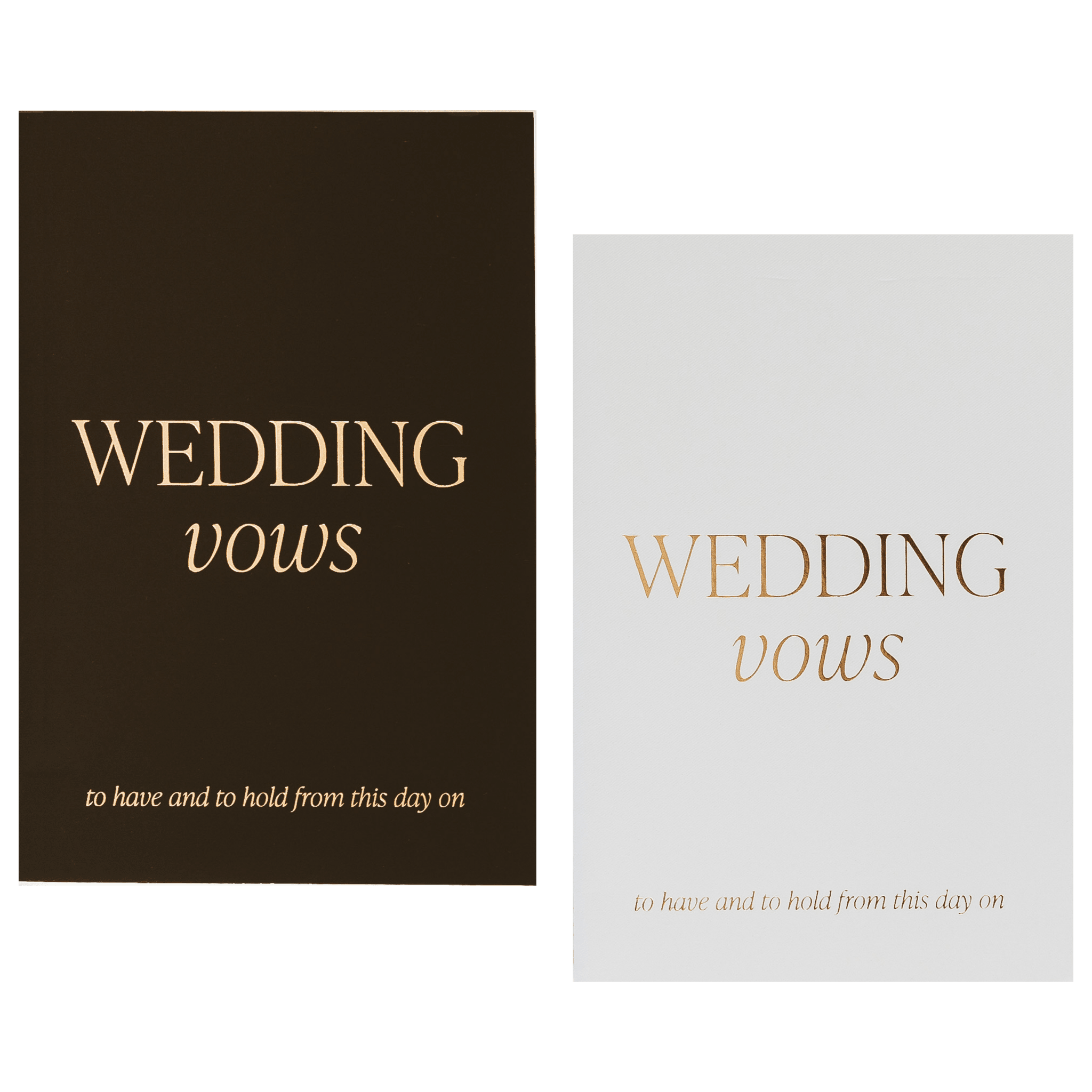 Two wedding vows journals with gold text on dark brown and light gray covers, featuring "Wedding Vows" and traditional vow text below.