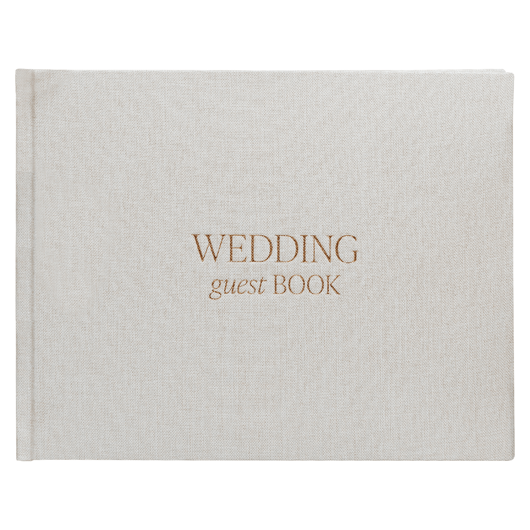 Tan linen wedding guest book with gold foil text reading "WEDDING guest BOOK"
