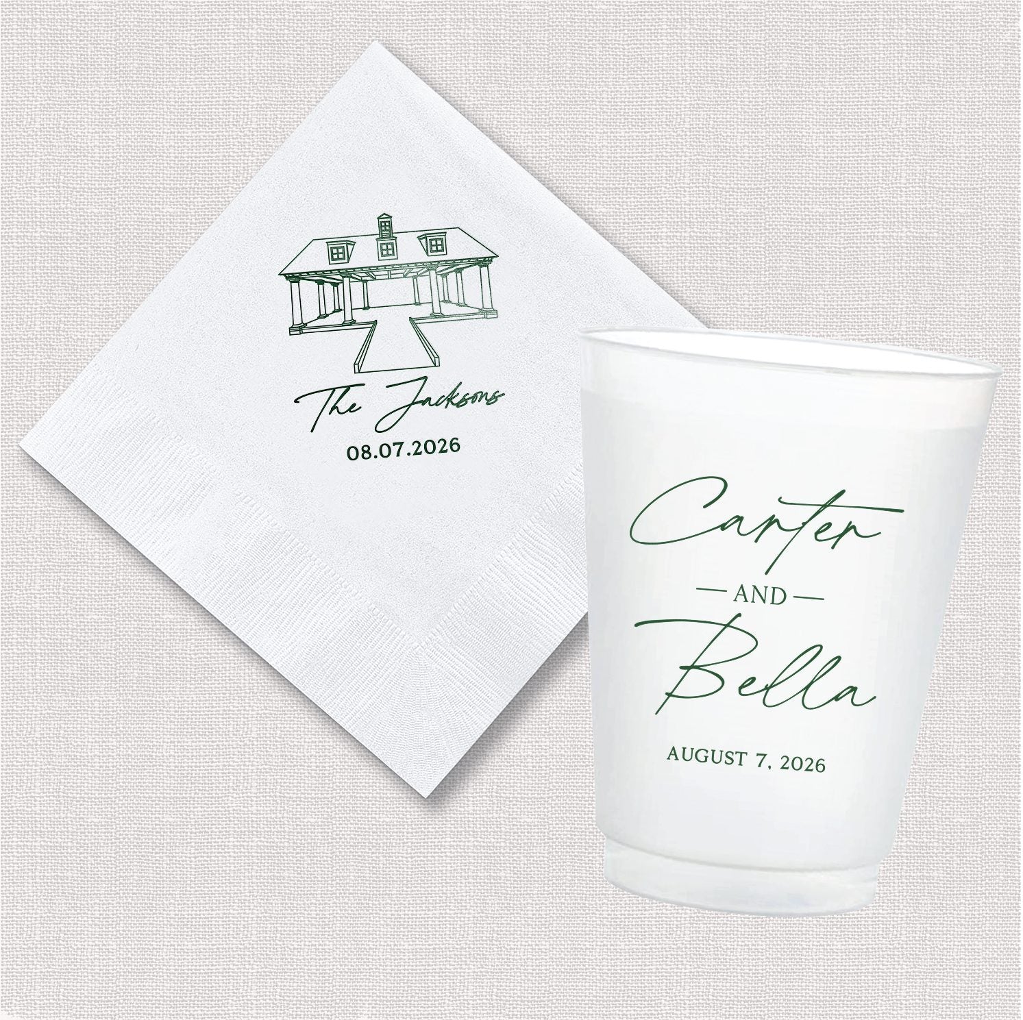 Venue stacked names wedding bundle featuring personalized cocktail napkin and frosted shatterproof cup with couple's names, venue, and wedding date