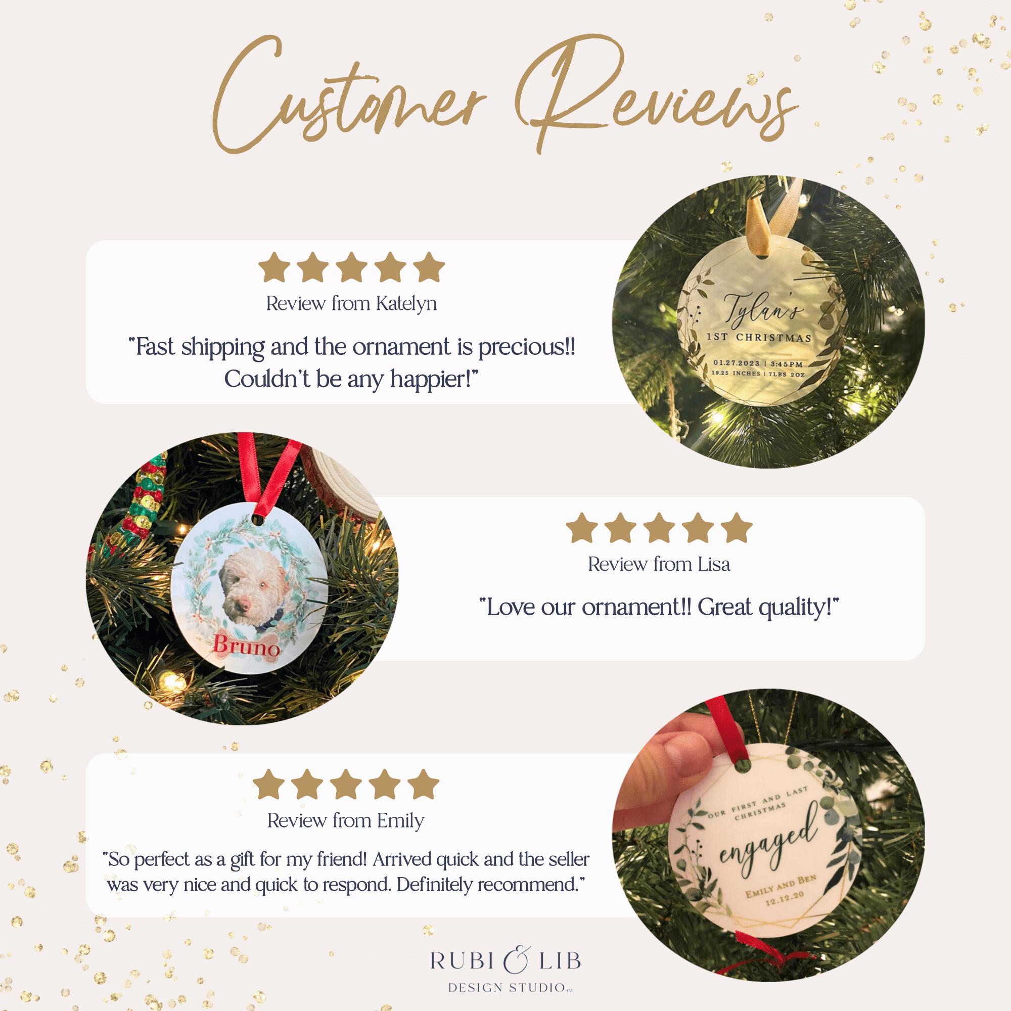 Round acrylic ornament with personalized photo and red ribbon, displayed with customer five-star reviews praising fast shipping and quality.