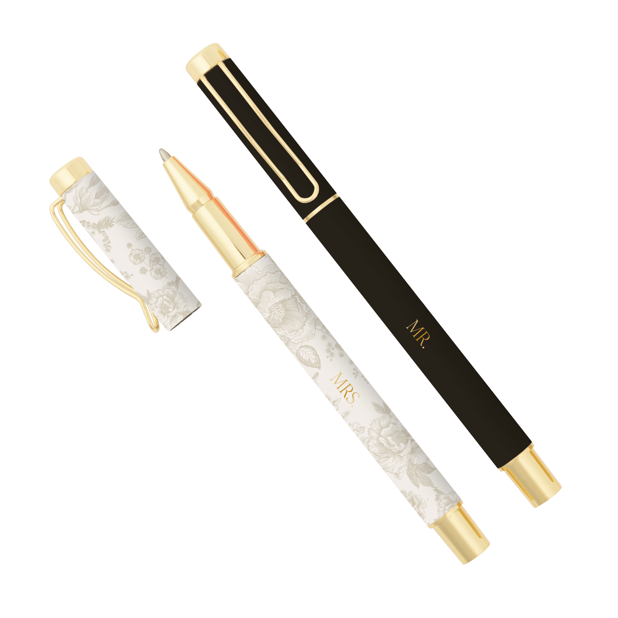 Three elegant pens with gold accents: black pen with matching case, white marble pen, and cream marble pen displayed together.