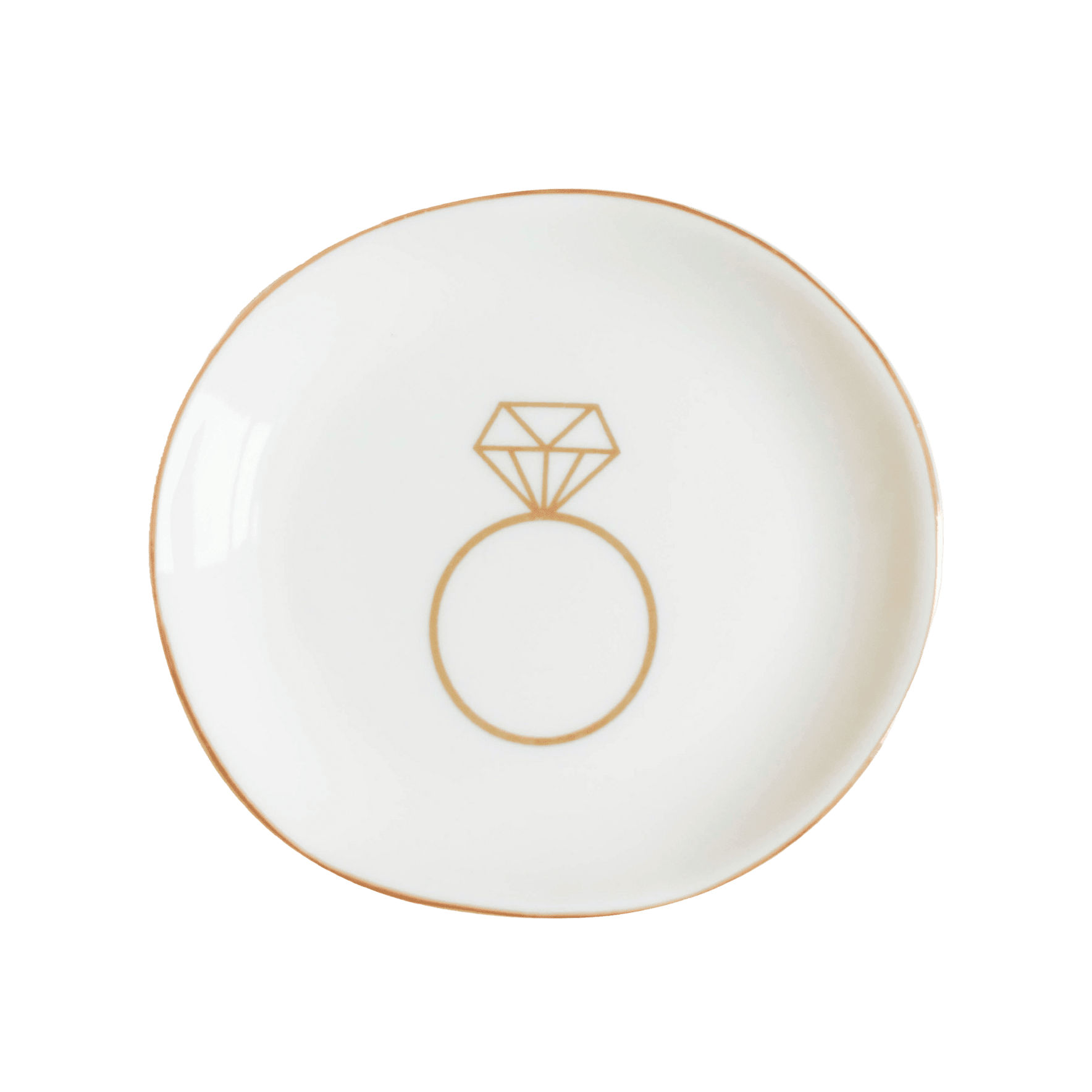 White ceramic jewelry dish with rose gold rim and engagement ring illustration in center