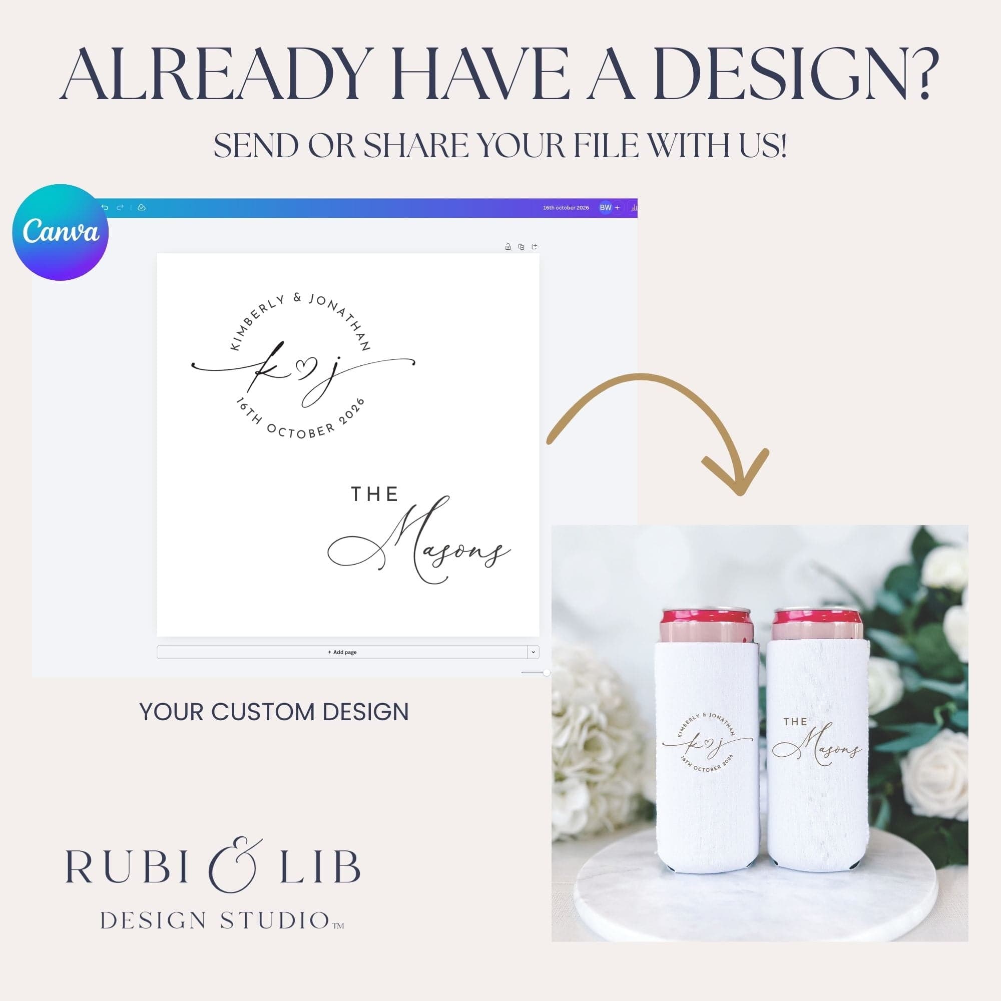 White slim can coolers with custom monogram and "The Adams" text design, displayed on marble surface with flowers and greenery.