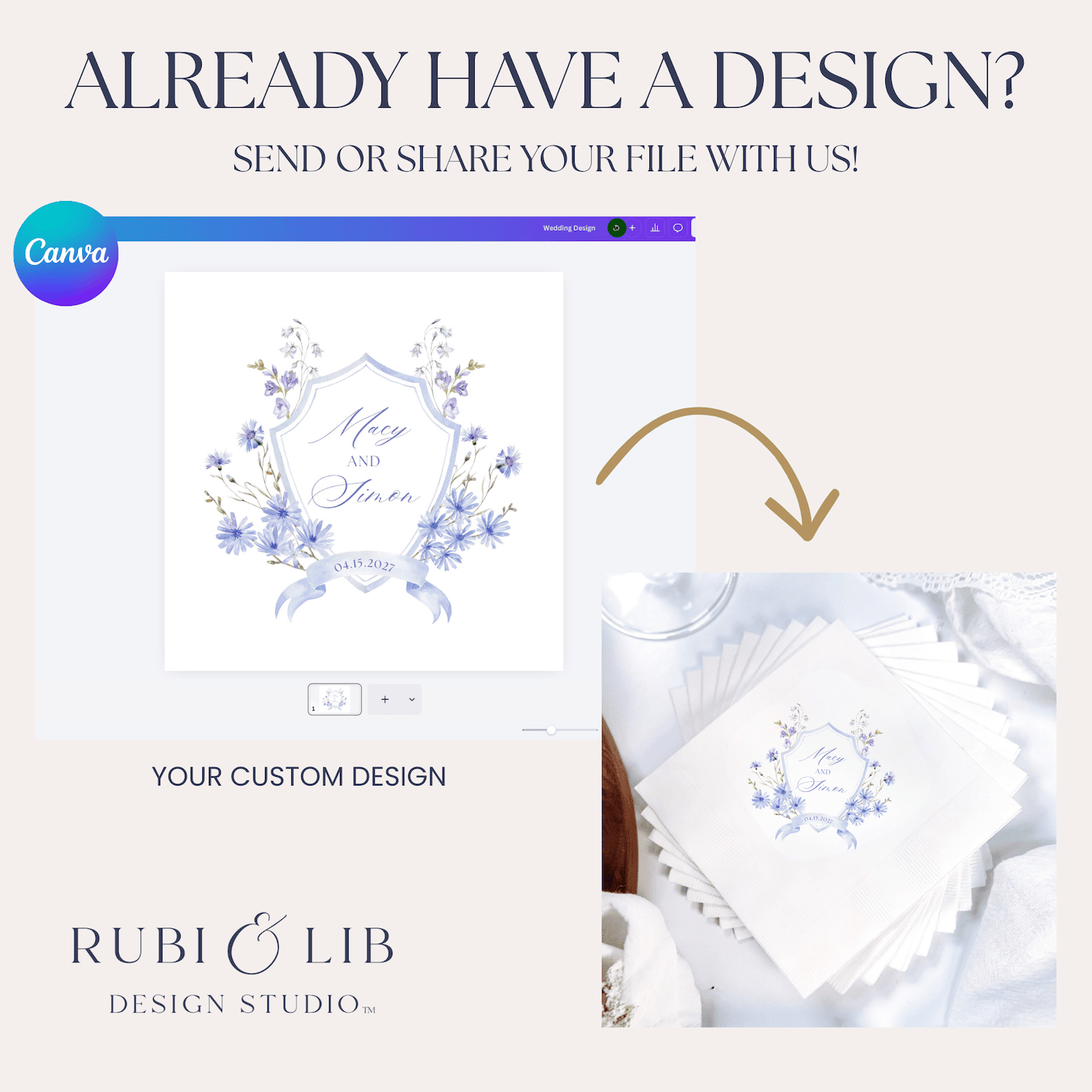 Custom white napkins with blue floral wreath design and personalized text displayed on Canva editor and folded stack.
