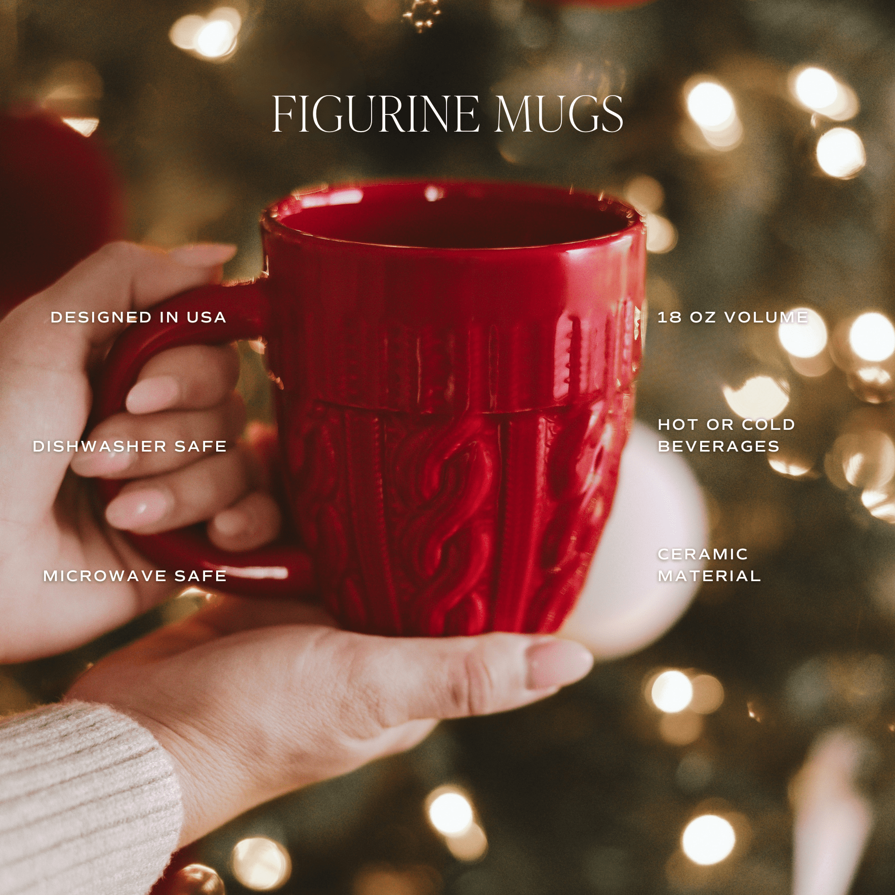 Red ceramic mug with raised sweater knit texture held in hands against blurred holiday lights