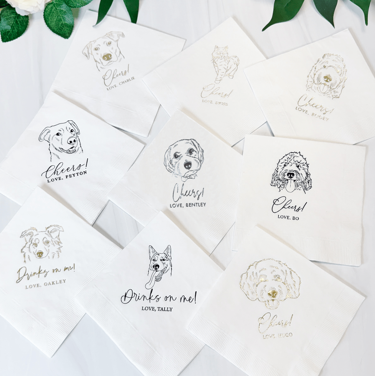 Custom Illustrated Pet Wedding Napkins - Napkins - Foil Stamped - Dog